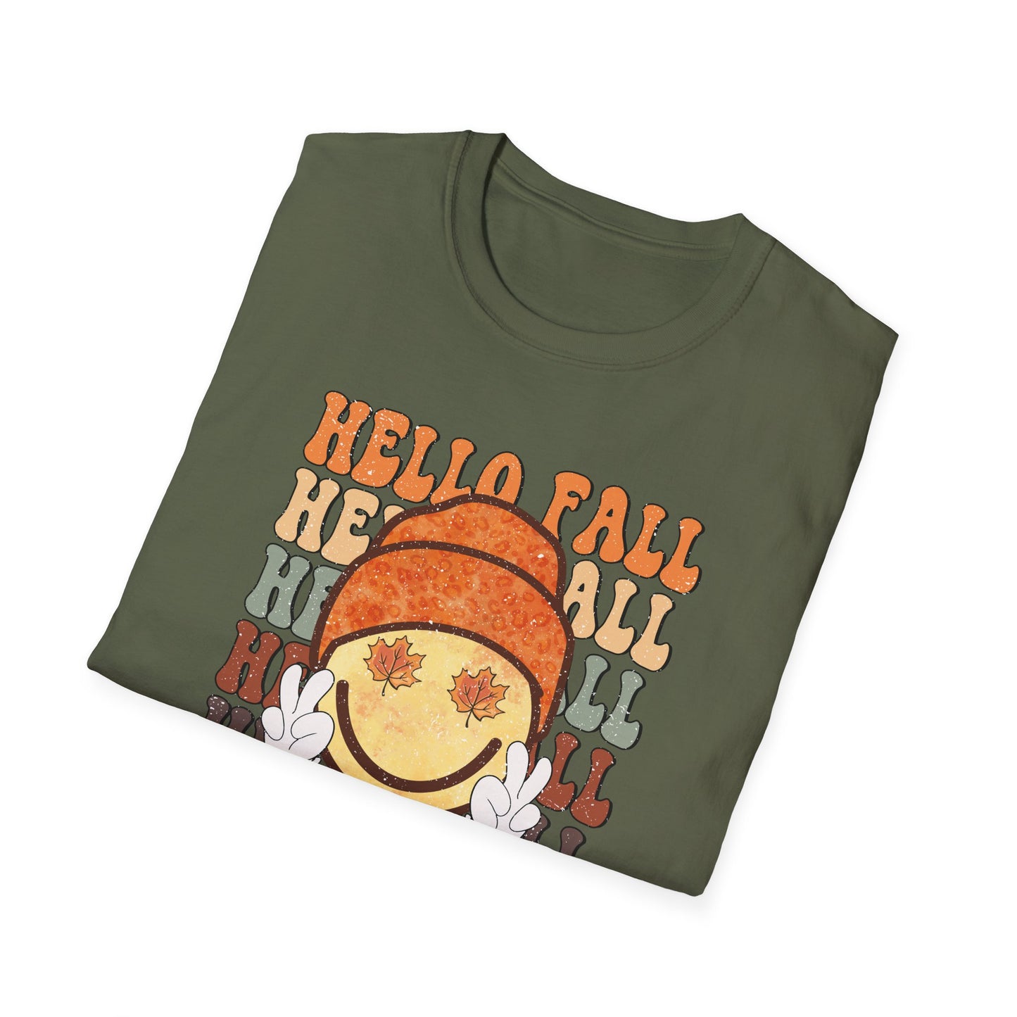 Hello Fall Happy Face Peace T-Shirt, Autumn Graphic Tee, Relaxing Casual Top, Seasonal Clothing, Thanksgiving Tee, Friendsgiving gift