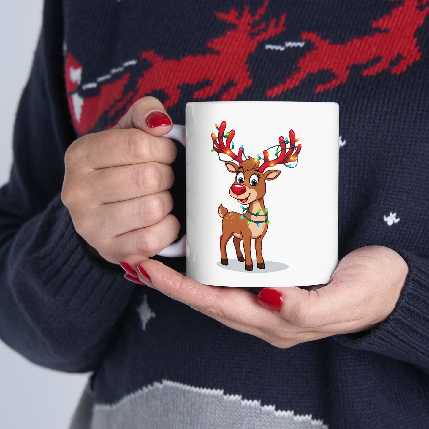 Reindeer Christmas Lights Mug – Cute Holiday Coffee Cup, Festive Reindeer Ceramic Mug, Christmas Gift Idea (11oz/15oz)