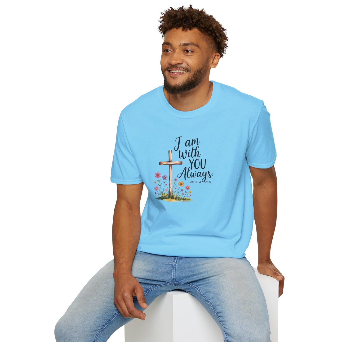 I Am With You Always Christian T-Shirt – Matthew 28:20 Scripture Tee with Cross and Flowers, Faith Inspirational Shirt