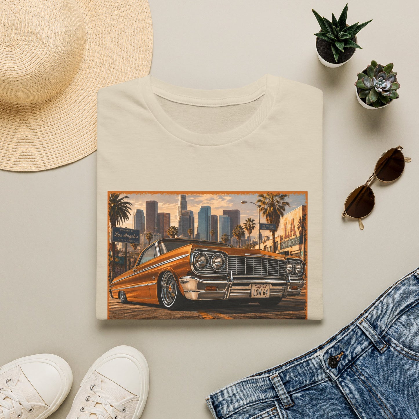 Los Angeles Lowrider T-Shirt, Orange Classic Car Graphic Tee, 1964 Style Car Shirt for Car Lovers
