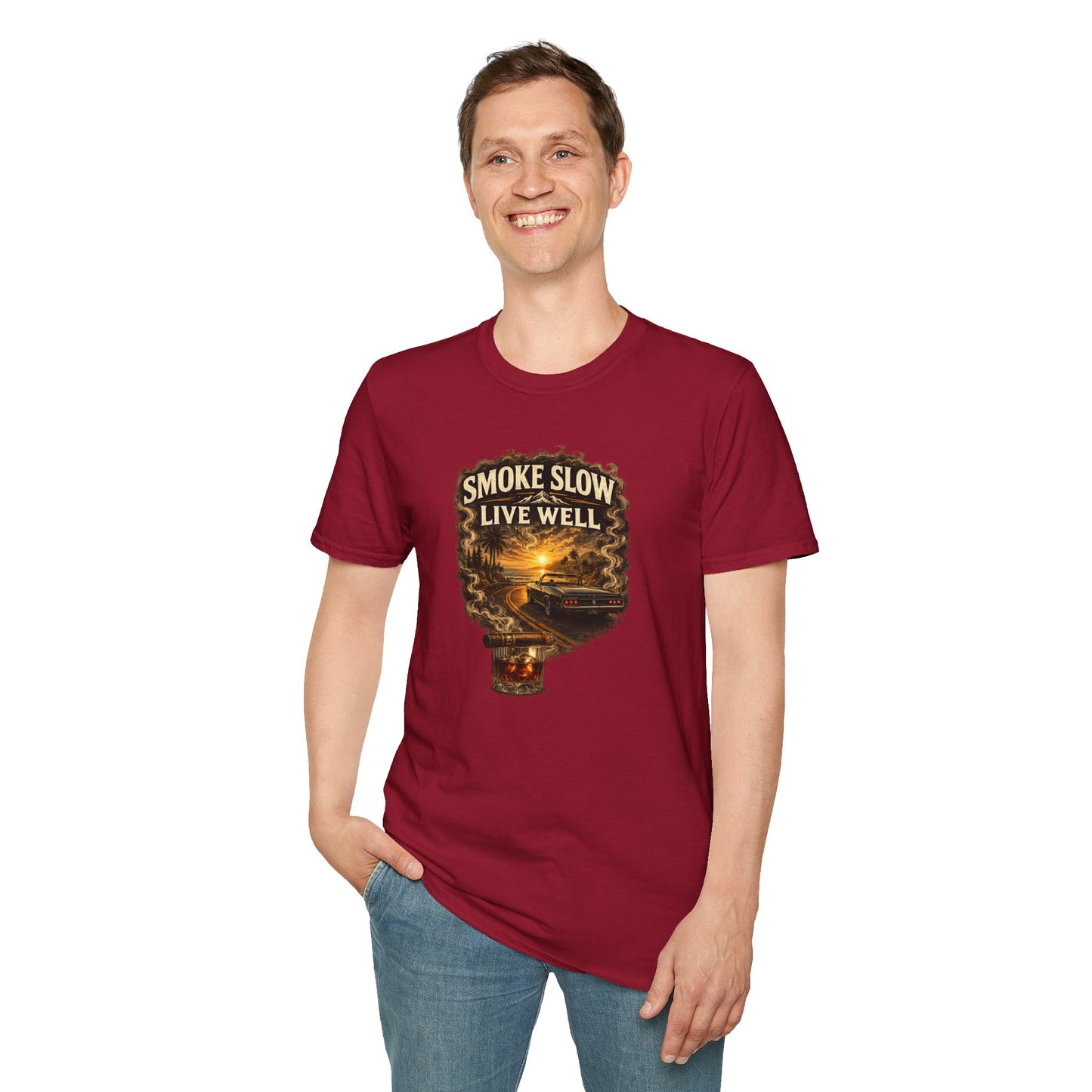 Smoke Slow Live Well Classic Car T-Shirt – Cigar, Whiskey & Sunset Cruise Tee  ⭐ Product Description