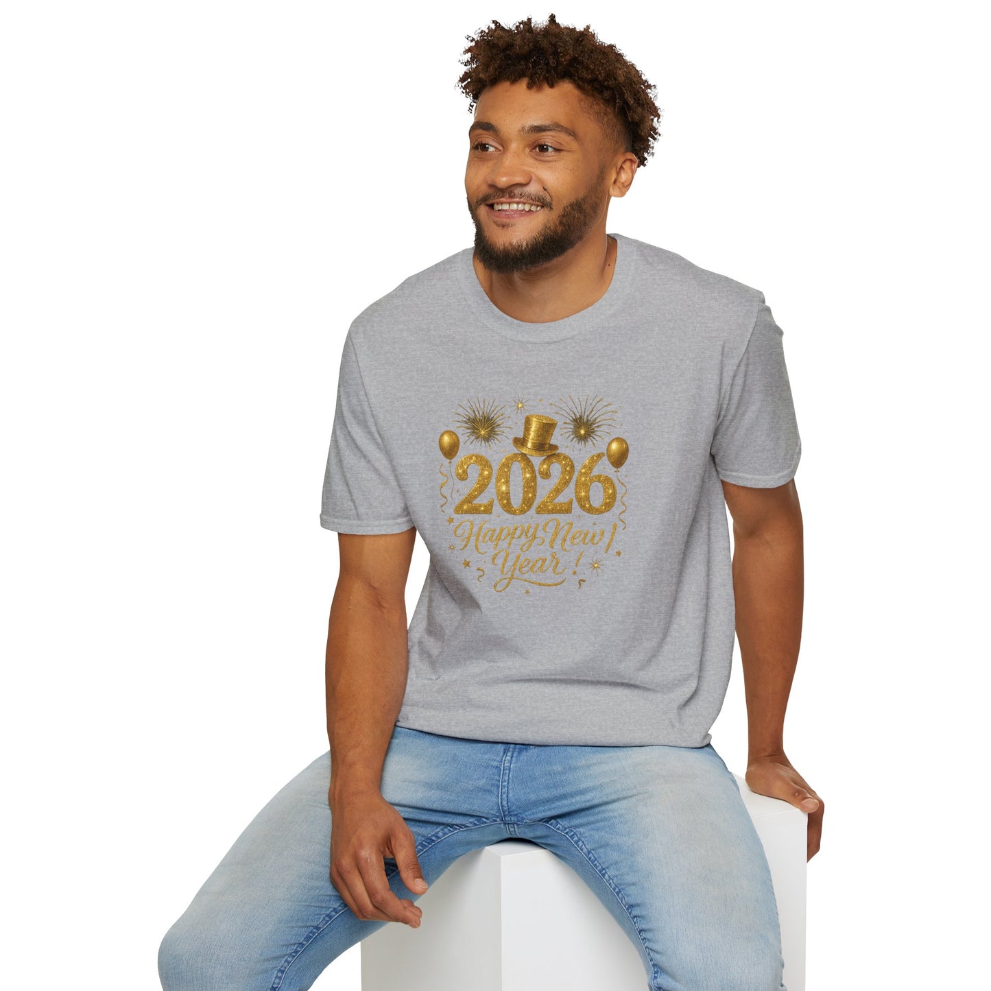 Happy New Year 2026 Gold Glitter T-Shirt – Sparkly New Year’s Eve Party Shirt, Festive 2026 NYE Tee with Fireworks & Balloons, Holiday Celebration Top