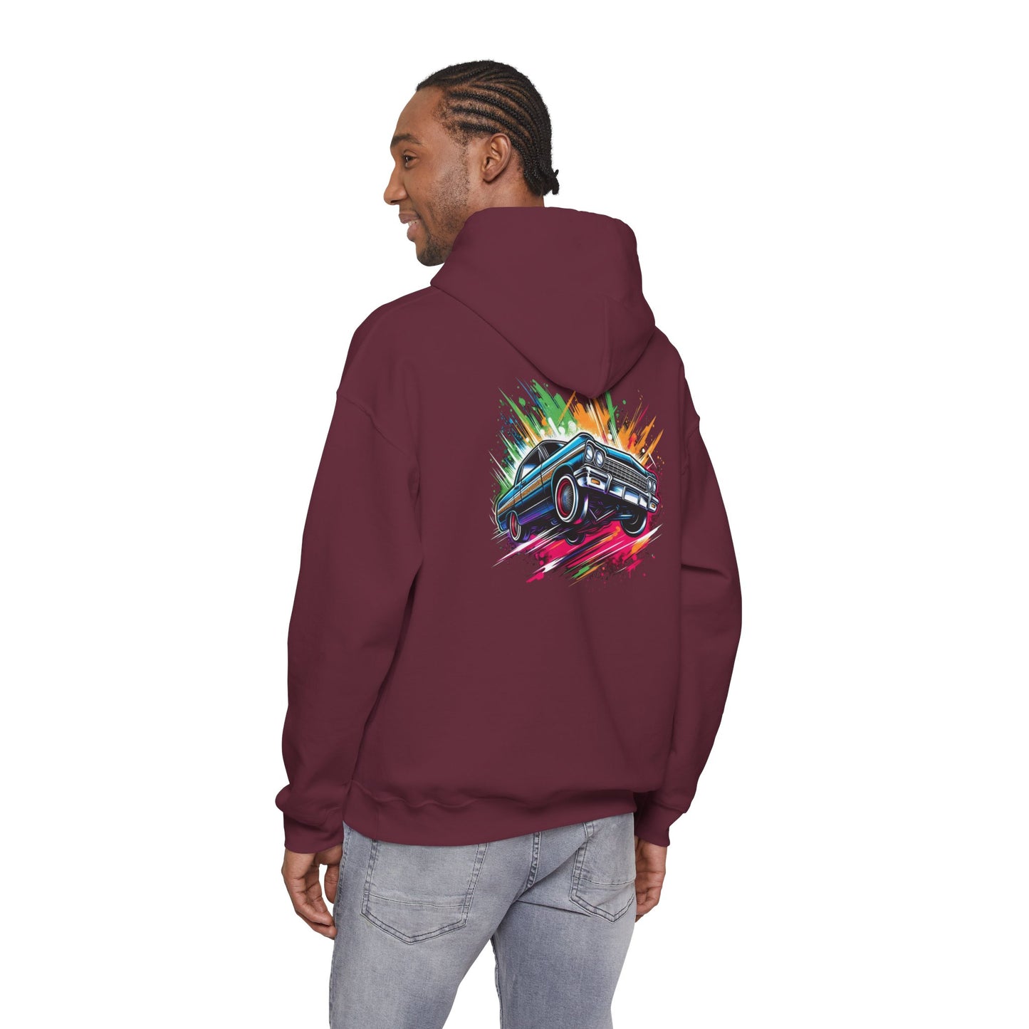 Chevy Impala Hydraulics Lowrider Colorful Drawing Graphic Hoodie - Old School Hip Hop Cholo Art Design - Chicano Car Club Graphic Hoodie