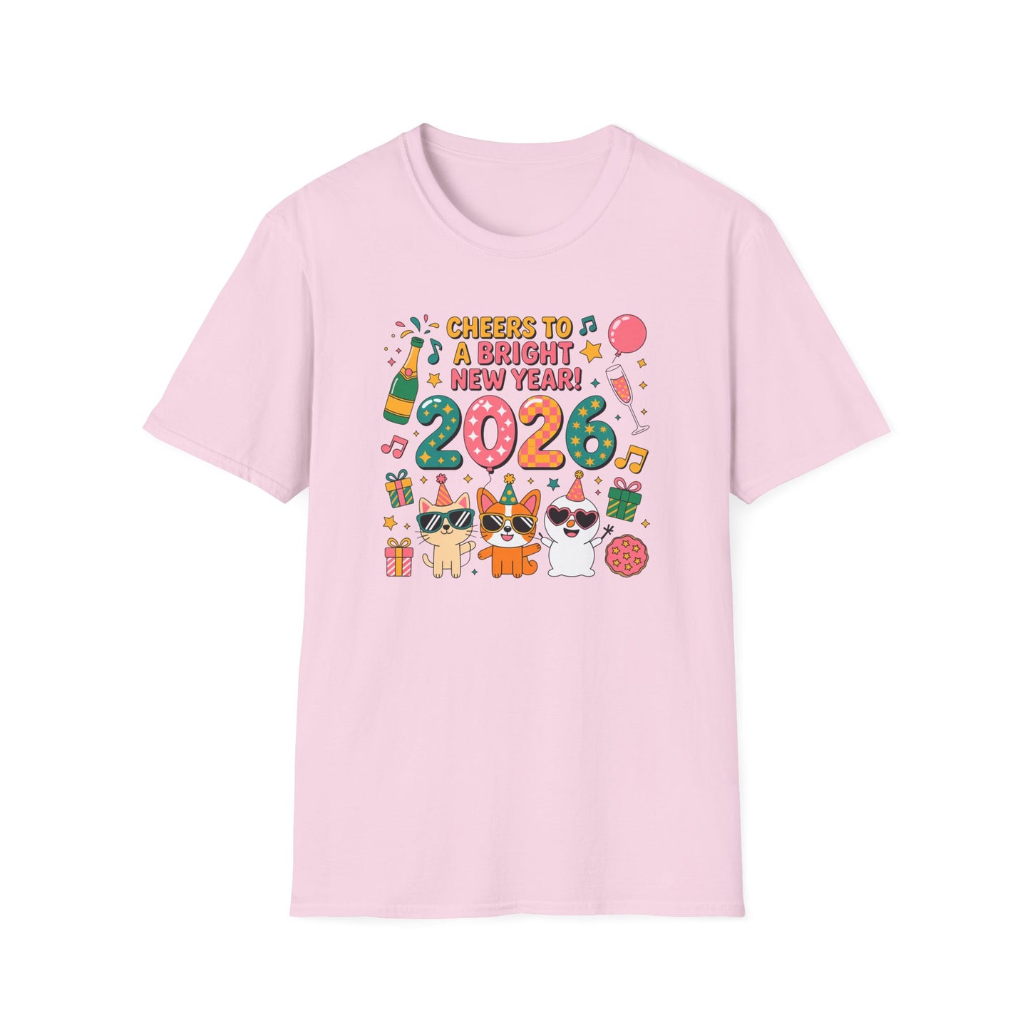 Happy New Year 2026 T-Shirt – Cute Cartoon Cats New Year Shirt, Bright Colorful NYE Party Tee, Fun 2026 Celebration Top for Cat Lovers
