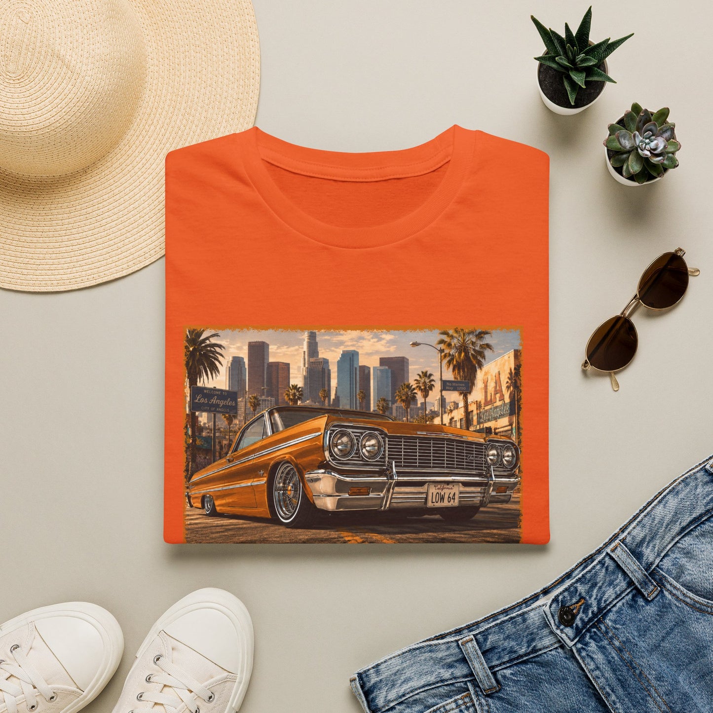 Los Angeles Lowrider T-Shirt, Orange Classic Car Graphic Tee, 1964 Style Car Shirt for Car Lovers