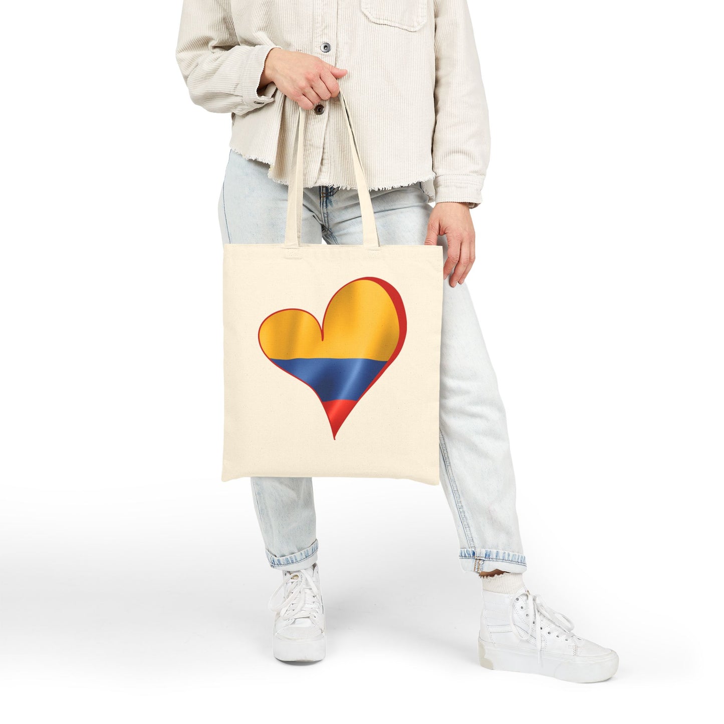 Colombia Flag Heart Tote Bag, Cotton Canvas Grocery Shopping Beach Handbag, Colombian Pride Gift, Patriotic Shoulder Bag