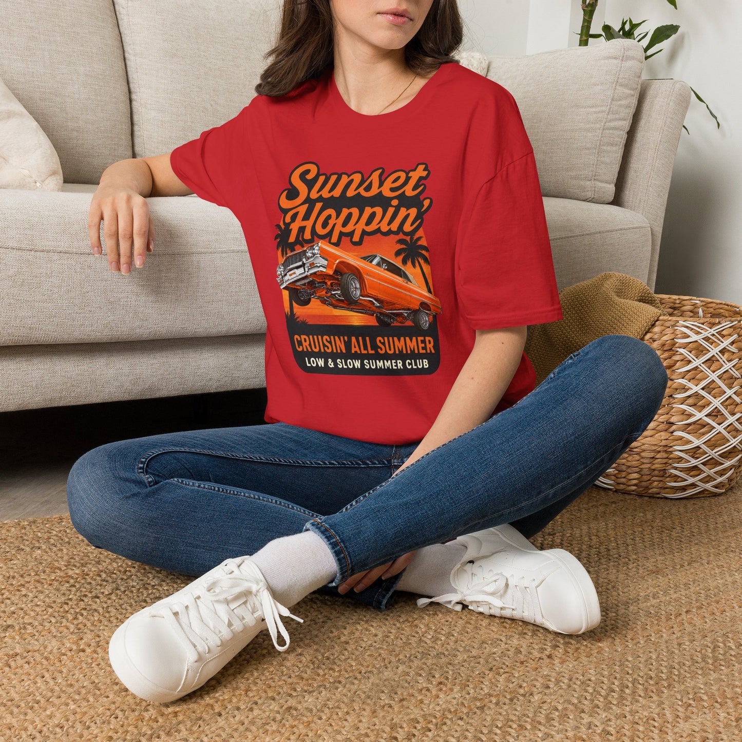 Lowrider Summer Shirt, Sunset Hoppin Tee, Cruisin All Summer Graphic Shirt, Low and Slow Car Tee, Unisex Car Lover Gift