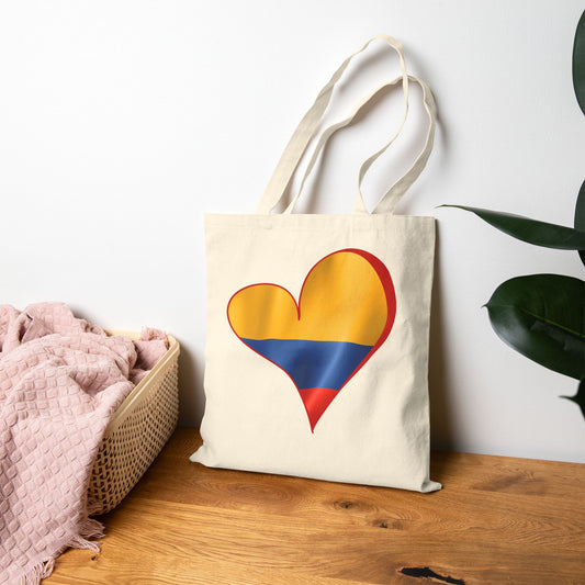 Colombia Flag Heart Tote Bag, Cotton Canvas Grocery Shopping Beach Handbag, Colombian Pride Gift, Patriotic Shoulder Bag