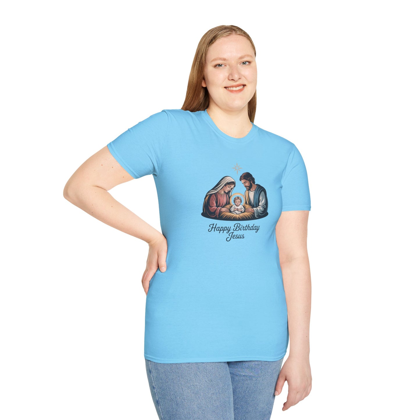 Happy Birthday Jesus Nativity T-Shirt – Christian Christmas Shirt with Mary Joseph & Baby Jesus, Faith Holiday Tee