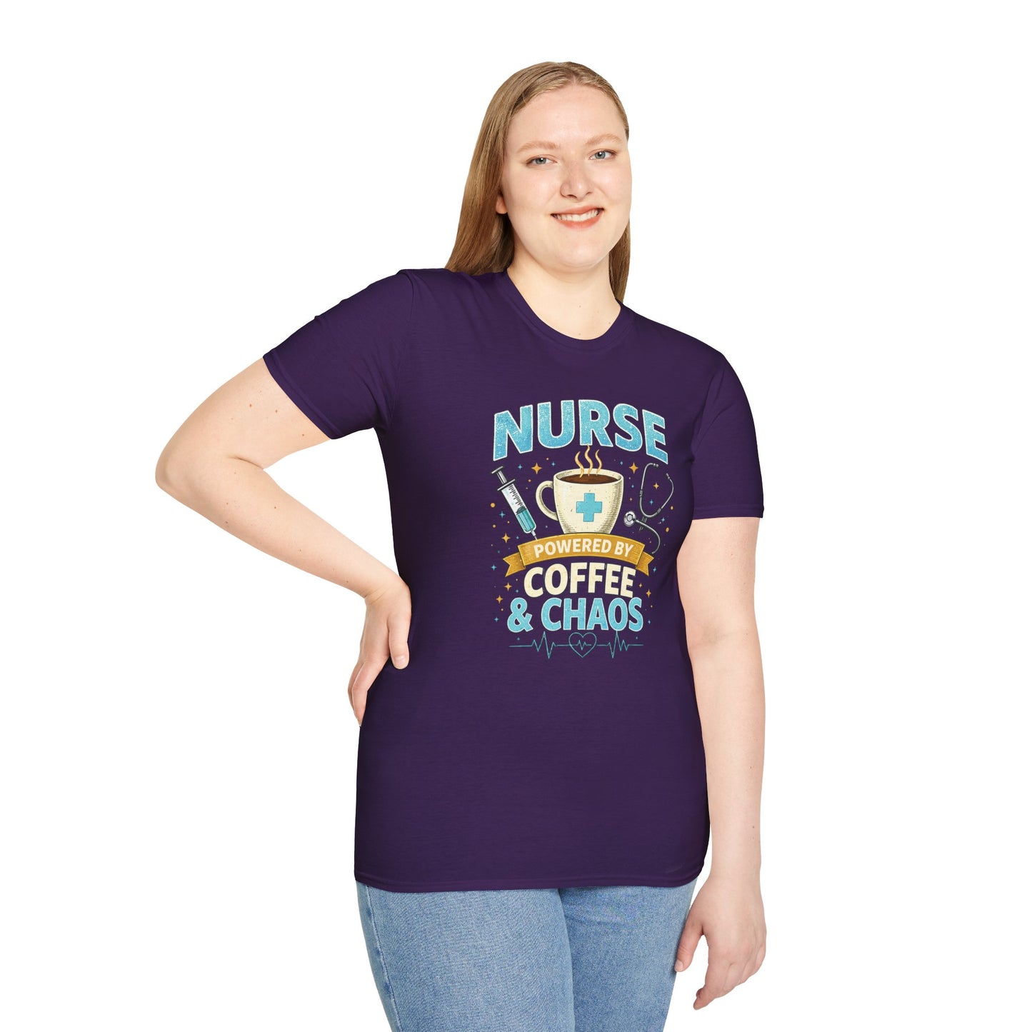 Nurse Powered by Coffee & Chaos Shirt, Funny Nurse Tee, RN CNA Gift, Nurse Life Graphic T-Shirt, Medical Worker Gift, Cute Nursing Shirt for Women Men