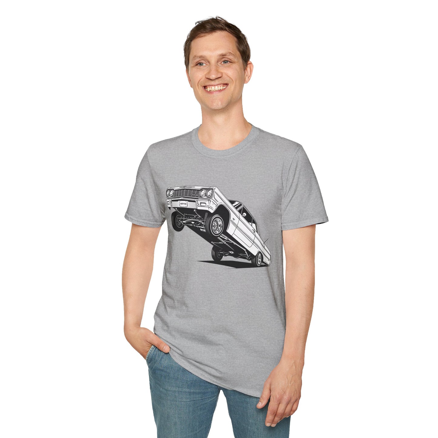 1964 Chevy Impala Hydraulics Lowrider Ink Drawing T-Shirt - Old School Hip Hop Cholo Art Tee Design - Chicano Car Club Graphic Tee