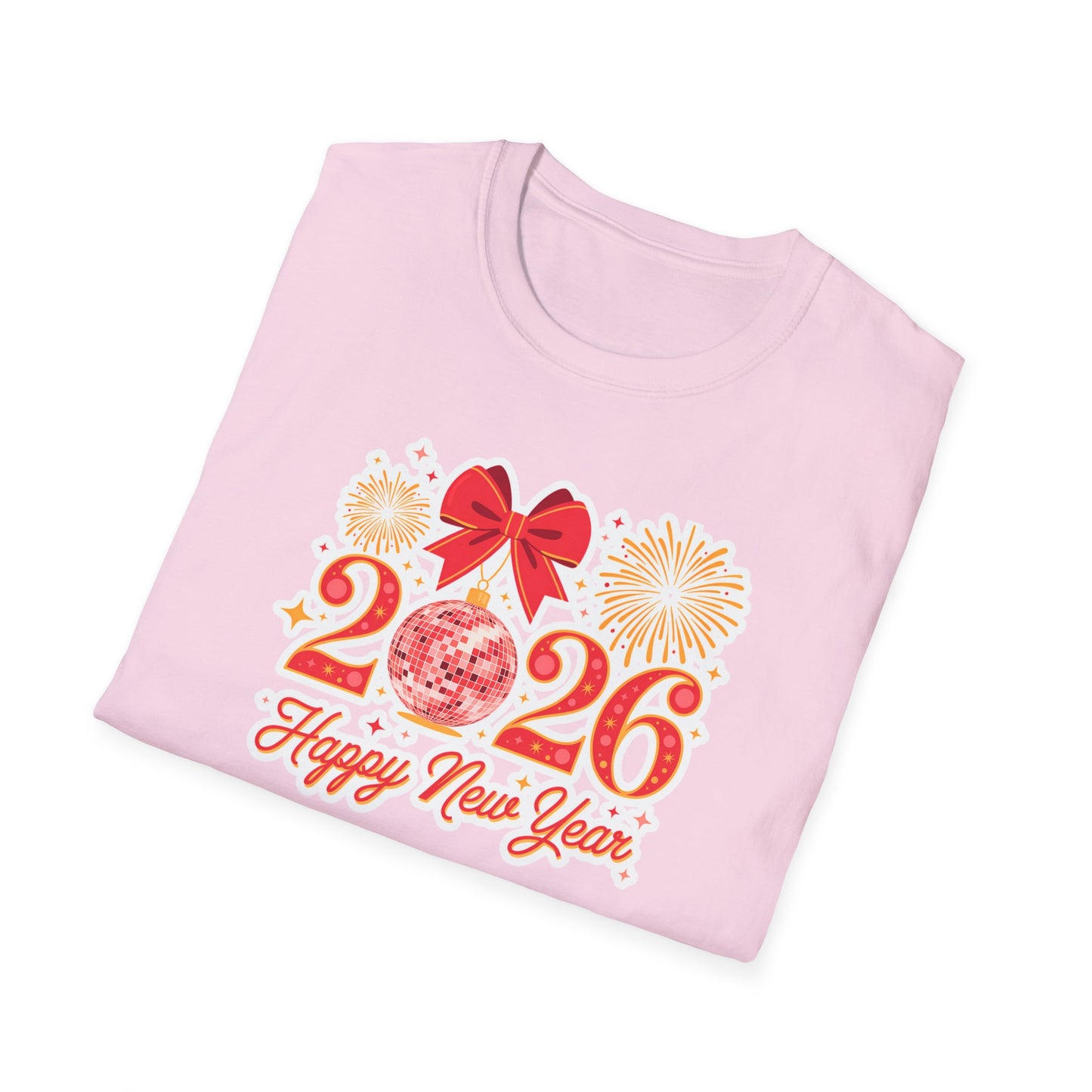 Happy New Year 2026 T-Shirt – Red & Gold Disco Ball New Year Shirt, Festive Bow and Fireworks 2026 NYE Tee, Holiday Celebration Party Top