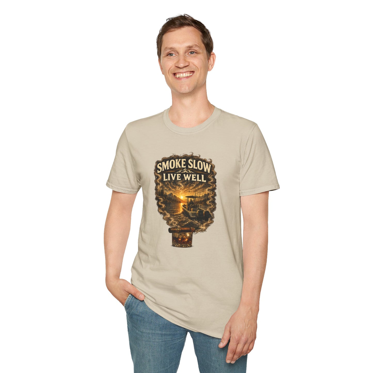 Smoke Slow Live Well Cigar T-Shirt – Whiskey & Outdoor Boating Lifestyle Cigar Tee
