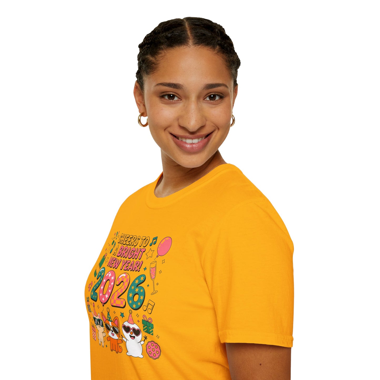 Happy New Year 2026 T-Shirt – Cute Cartoon Cats New Year Shirt, Bright Colorful NYE Party Tee, Fun 2026 Celebration Top for Cat Lovers