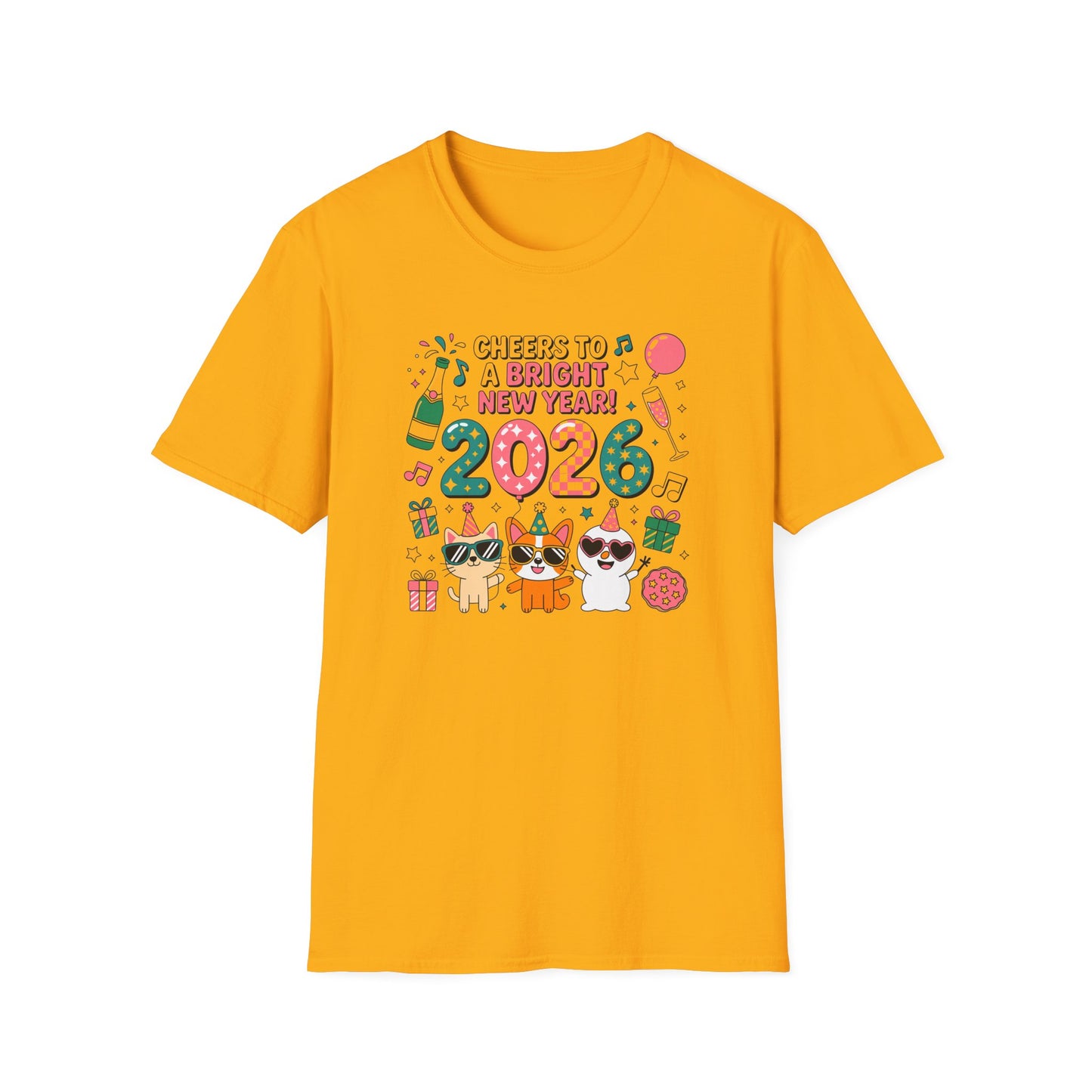 Happy New Year 2026 T-Shirt – Cute Cartoon Cats New Year Shirt, Bright Colorful NYE Party Tee, Fun 2026 Celebration Top for Cat Lovers