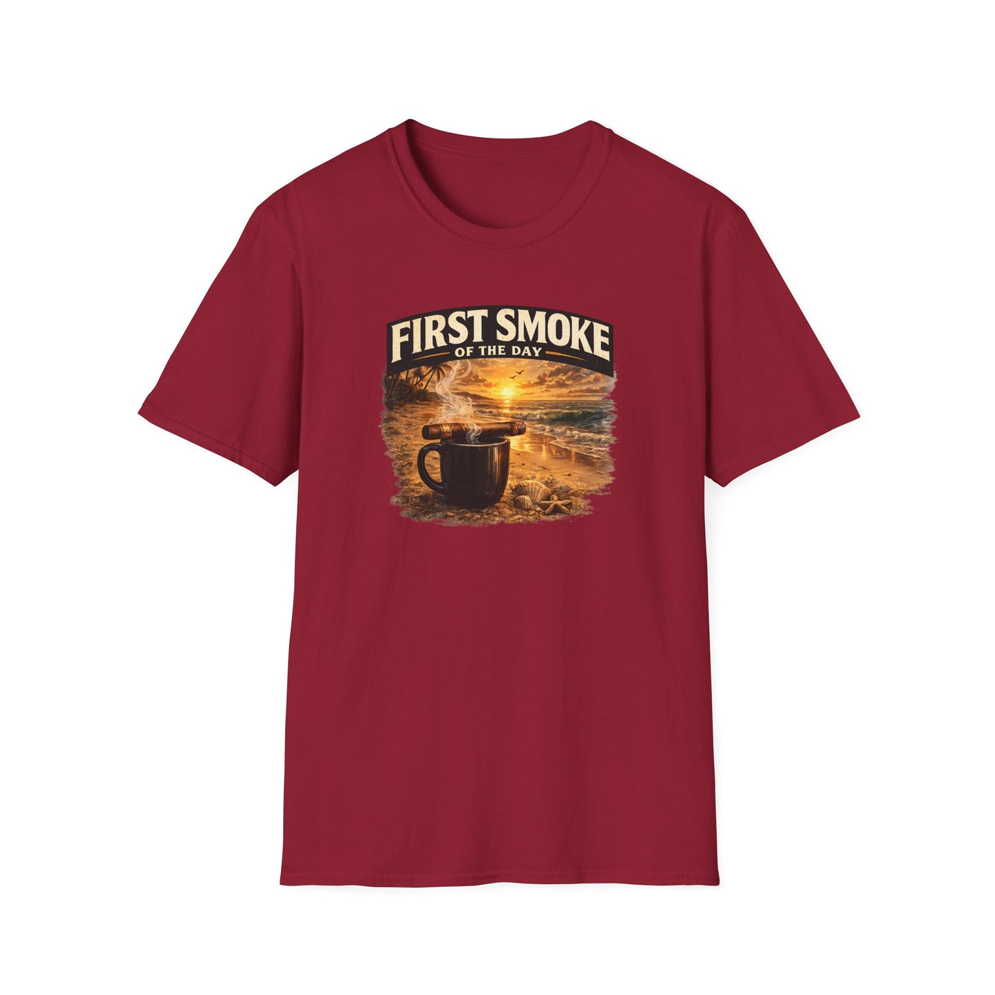 First Smoke of the Day T-Shirt – Cigar & Coffee Beach Sunrise Tee
