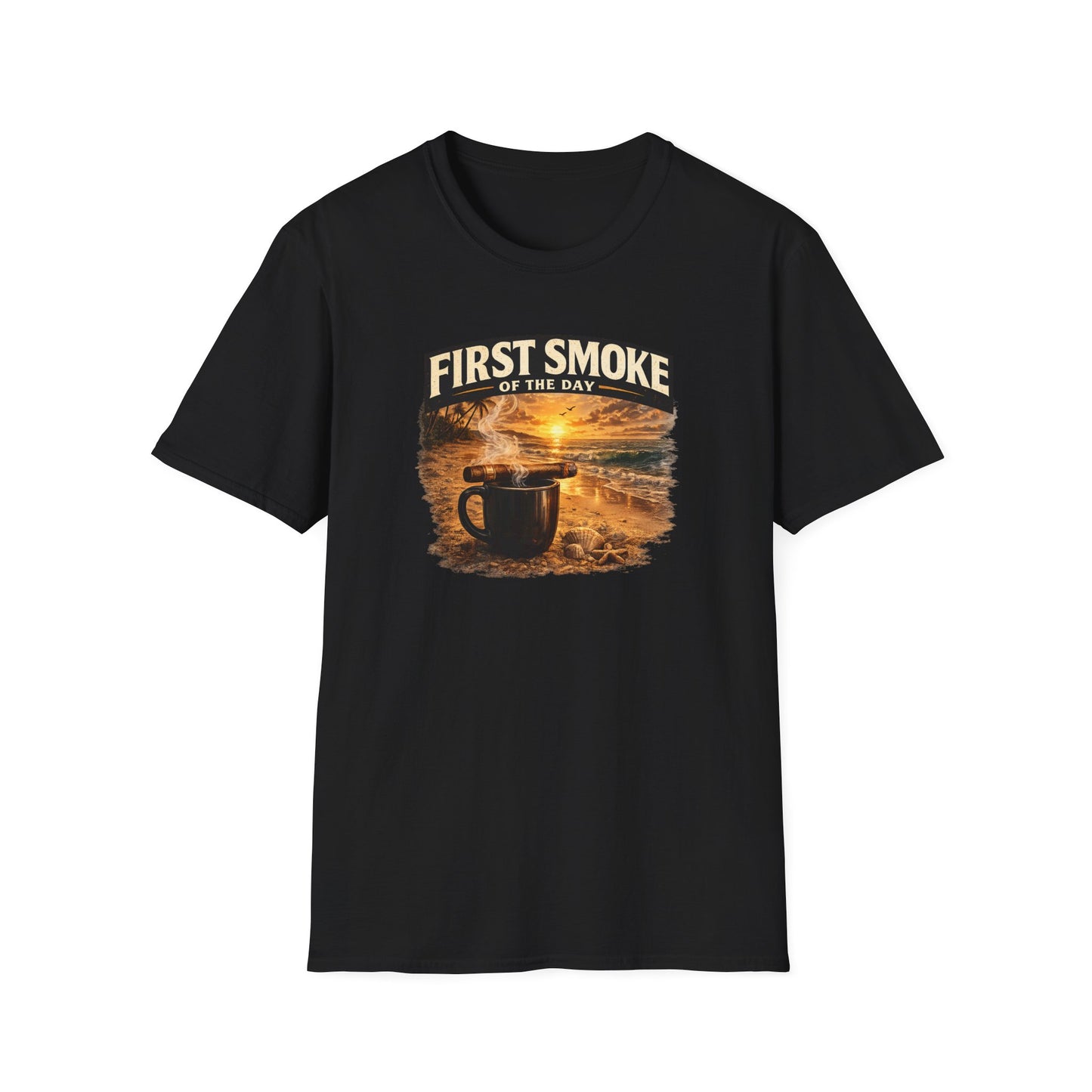 First Smoke of the Day T-Shirt – Cigar & Coffee Beach Sunrise Tee