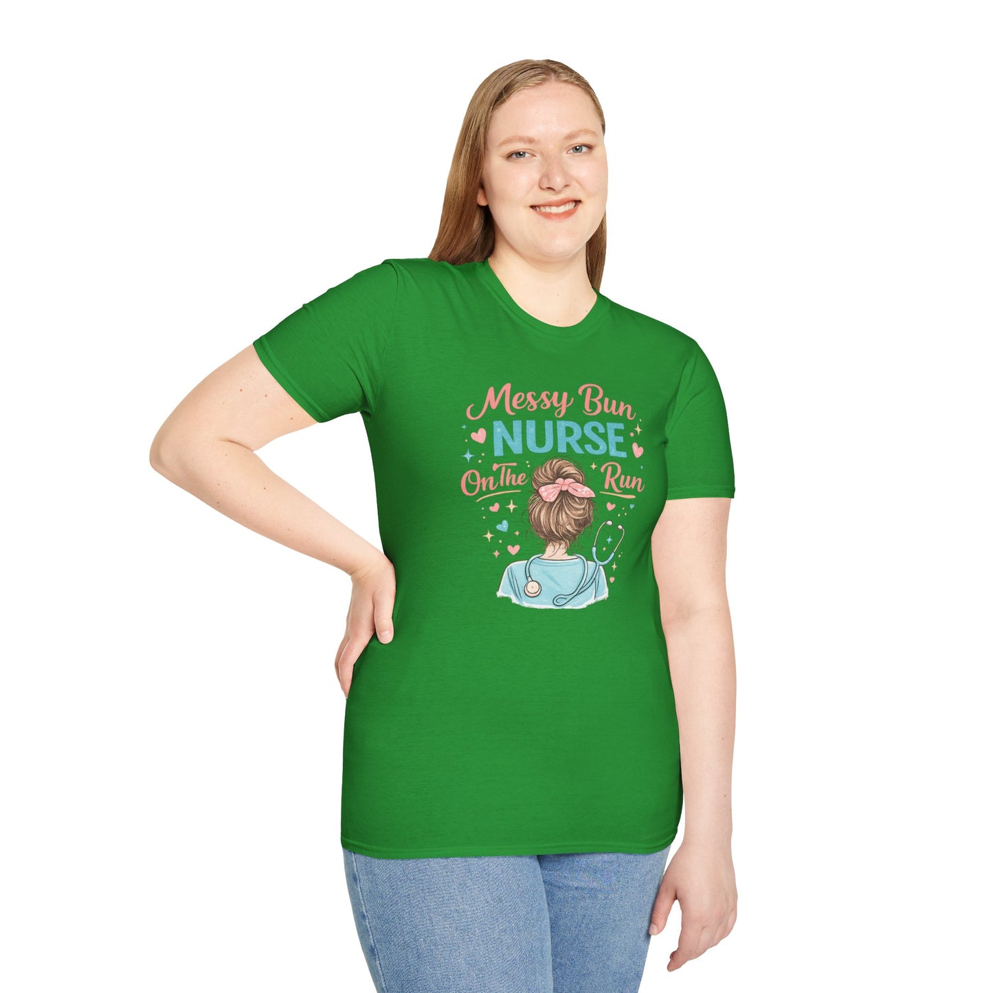 Messy Bun Nurse On The Run Shirt – Cute Nurse T-Shirt for Women – Funny RN CNA Nursing Student Tee – Nurse Gift for Her, Medical Worker Apparel
