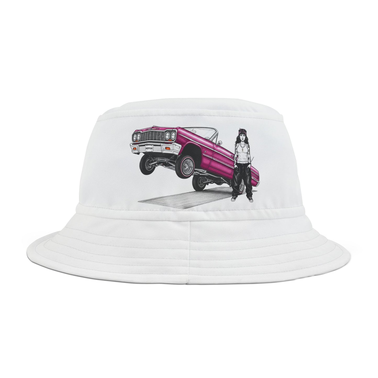 1964 Chevy Impala Hydraulics Lowrider Ink Drawing Bucket Hat - Old School Hip Hop Cholo Art Hat Design - Chicano Car Club Graphic Hat