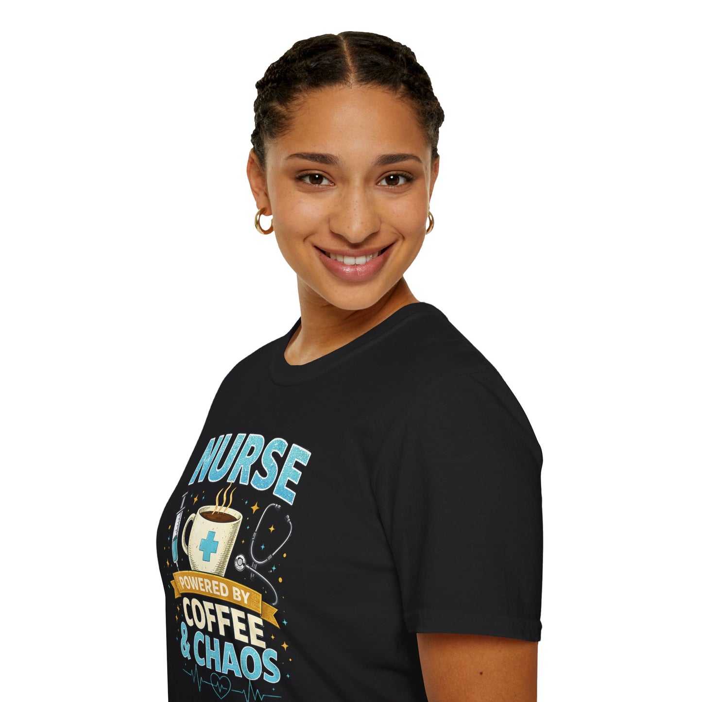 Nurse Powered by Coffee & Chaos Shirt, Funny Nurse Tee, RN CNA Gift, Nurse Life Graphic T-Shirt, Medical Worker Gift, Cute Nursing Shirt for Women Men