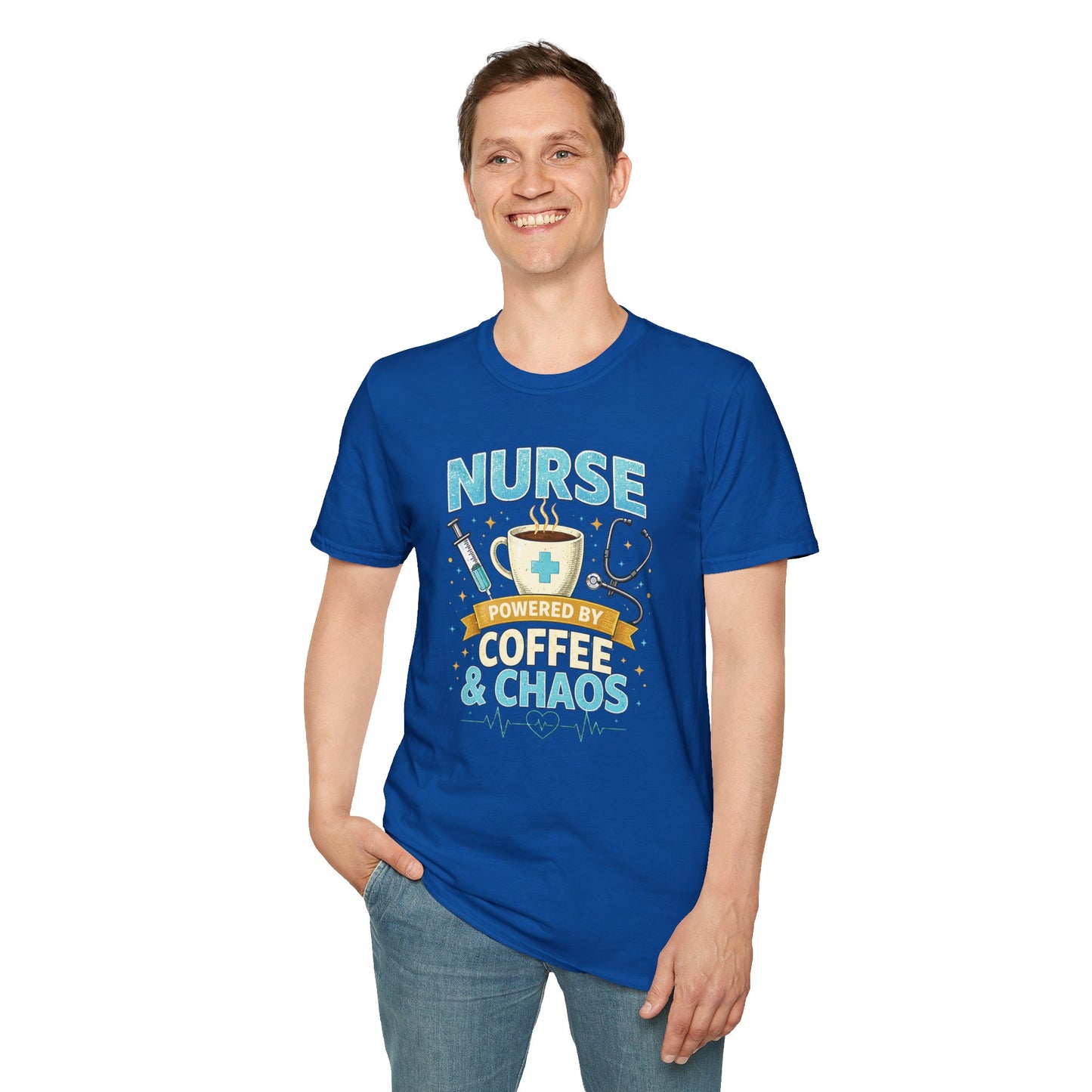 Nurse Powered by Coffee & Chaos Shirt, Funny Nurse Tee, RN CNA Gift, Nurse Life Graphic T-Shirt, Medical Worker Gift, Cute Nursing Shirt for Women Men