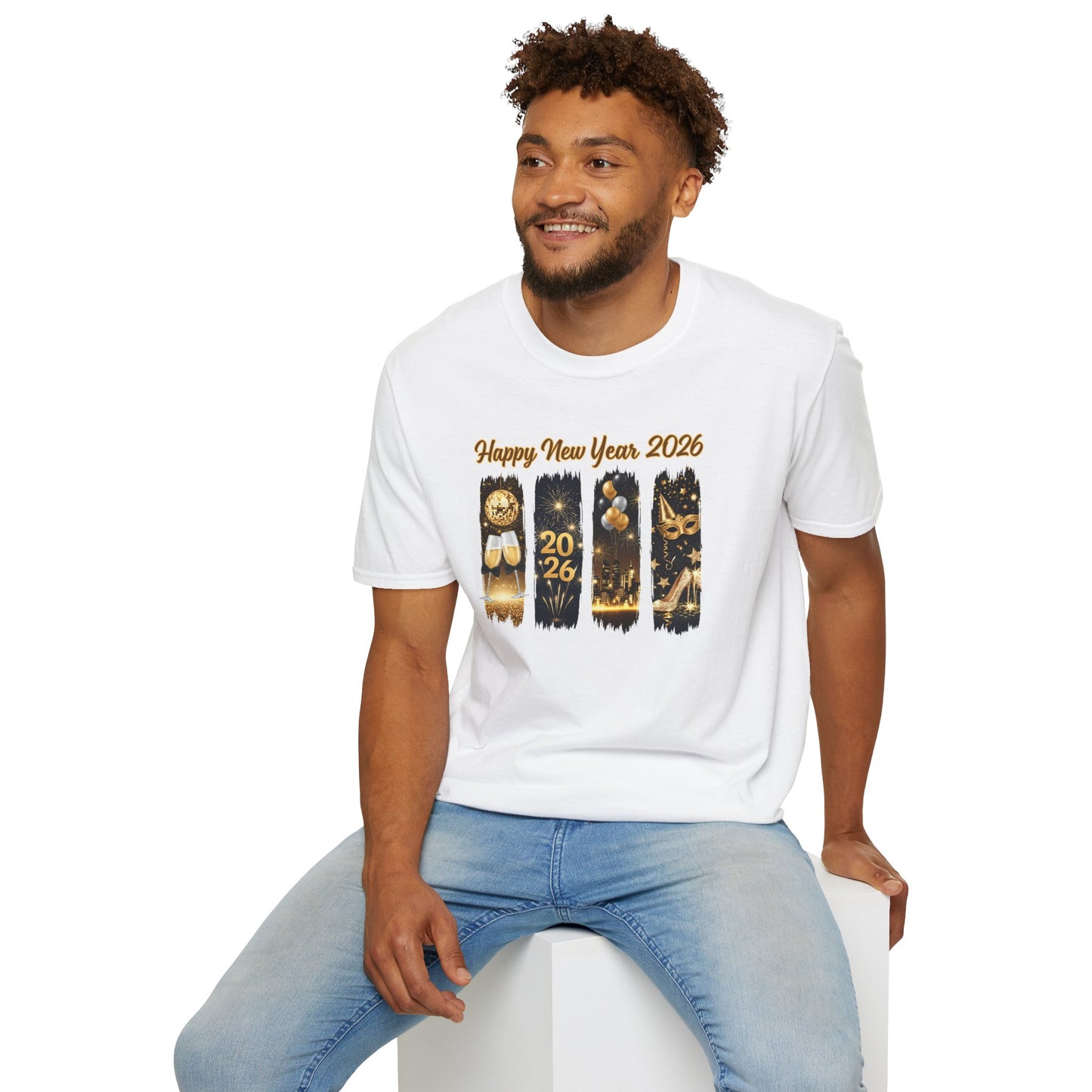 Happy New Year 2026 T-Shirt – Gold Glitter New Year’s Eve Shirt, NYE Party Tee, Celebration Fireworks Graphic Top, Champagne & City Skyline New Year Shirt