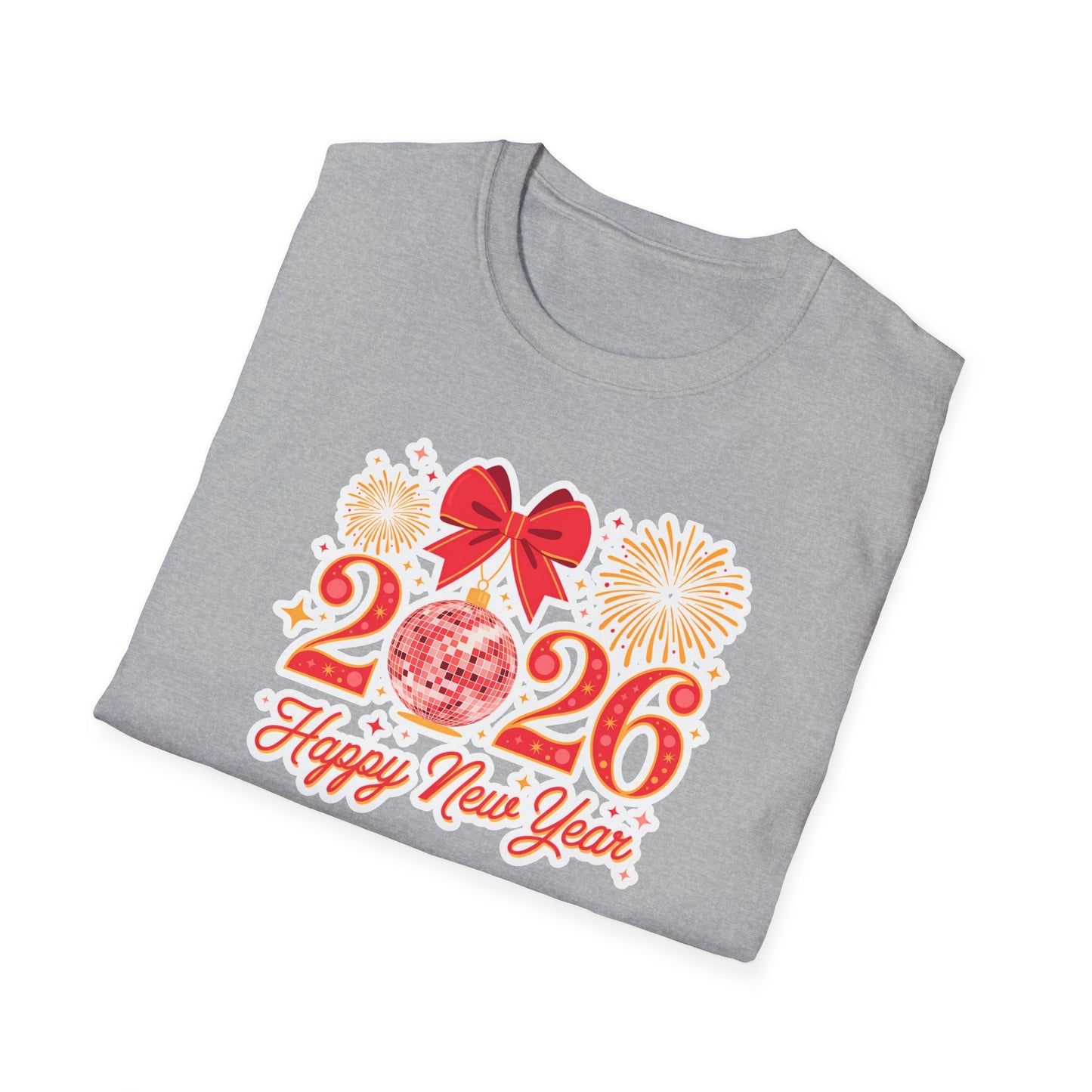 Happy New Year 2026 T-Shirt – Red & Gold Disco Ball New Year Shirt, Festive Bow and Fireworks 2026 NYE Tee, Holiday Celebration Party Top
