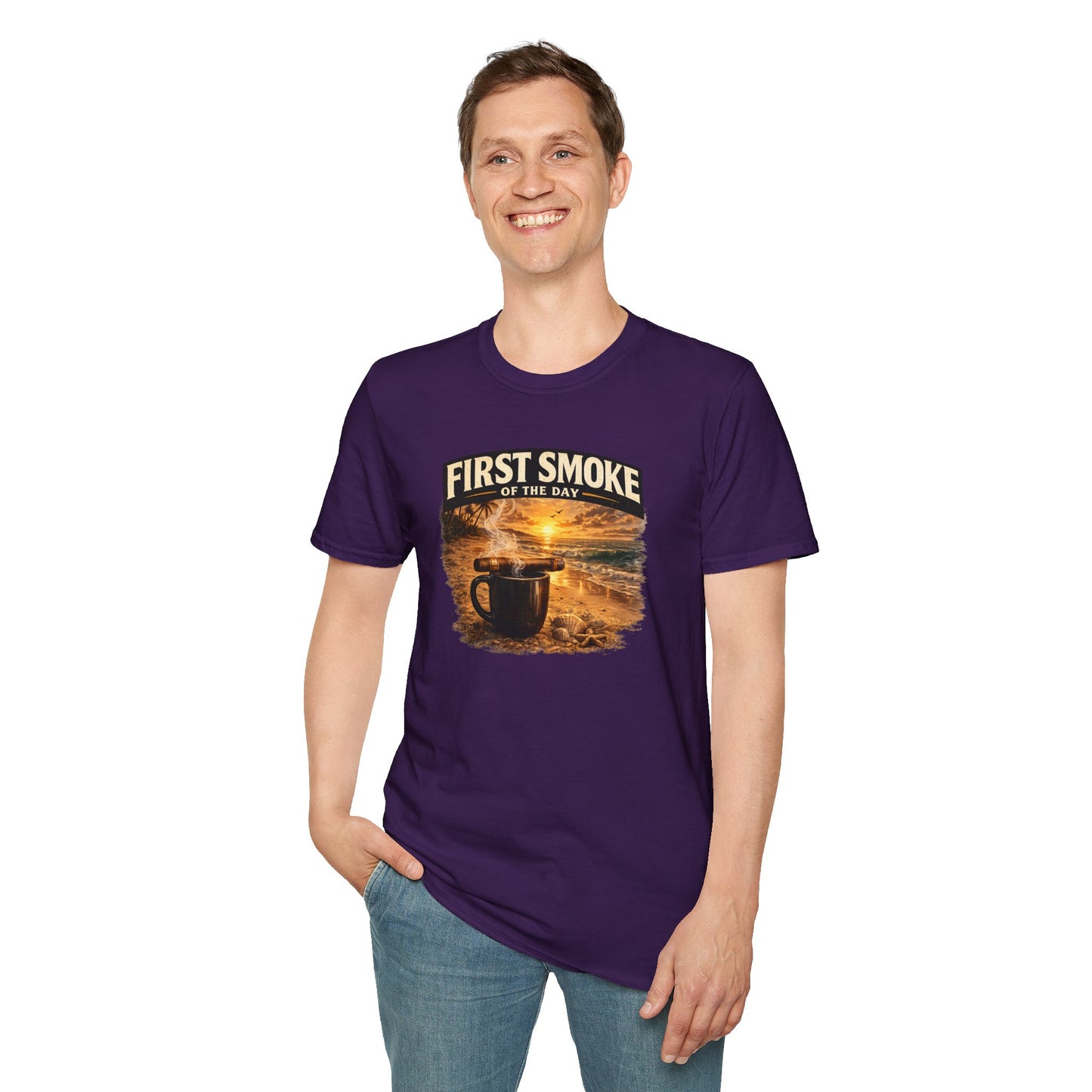 First Smoke of the Day T-Shirt – Cigar & Coffee Beach Sunrise Tee
