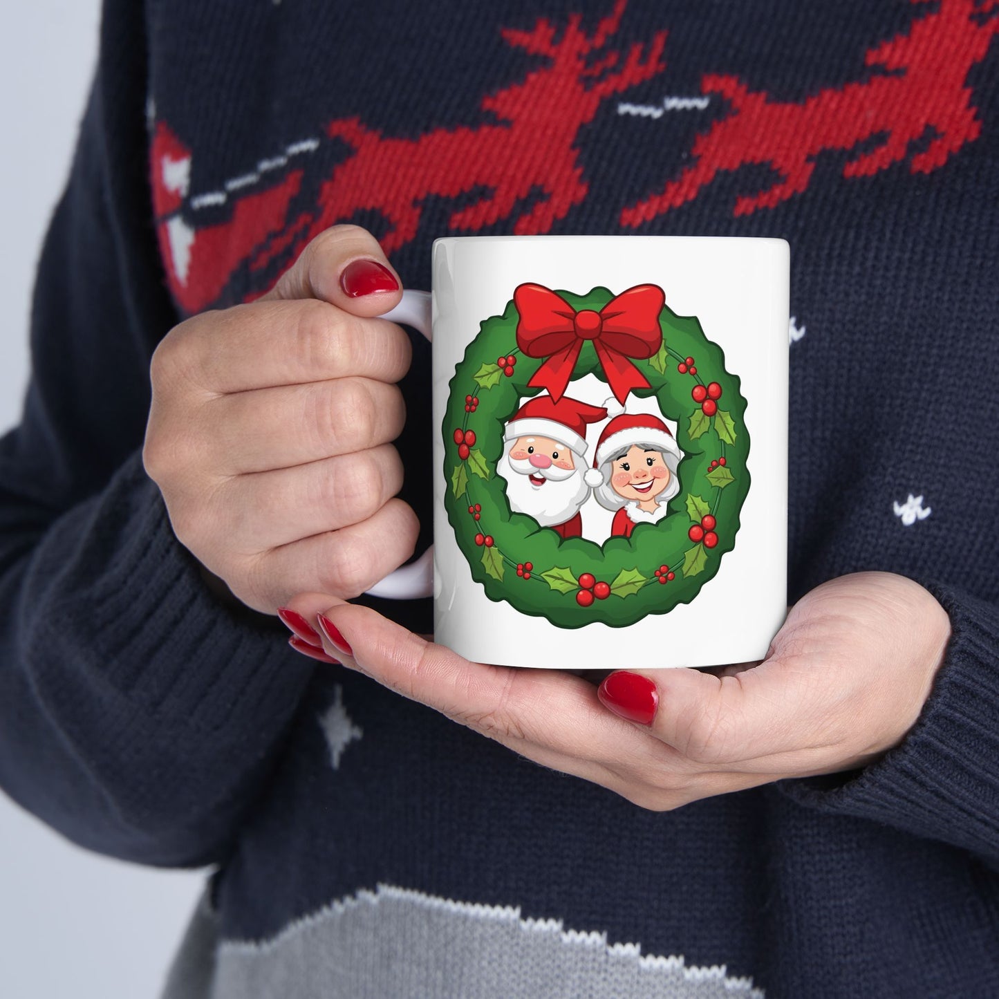 Santa and Mrs. Claus in a Wreath Mug – Cute Holiday Coffee Cup, Festive Santa Ceramic Mug, Christmas Gift Idea (11oz/15oz)