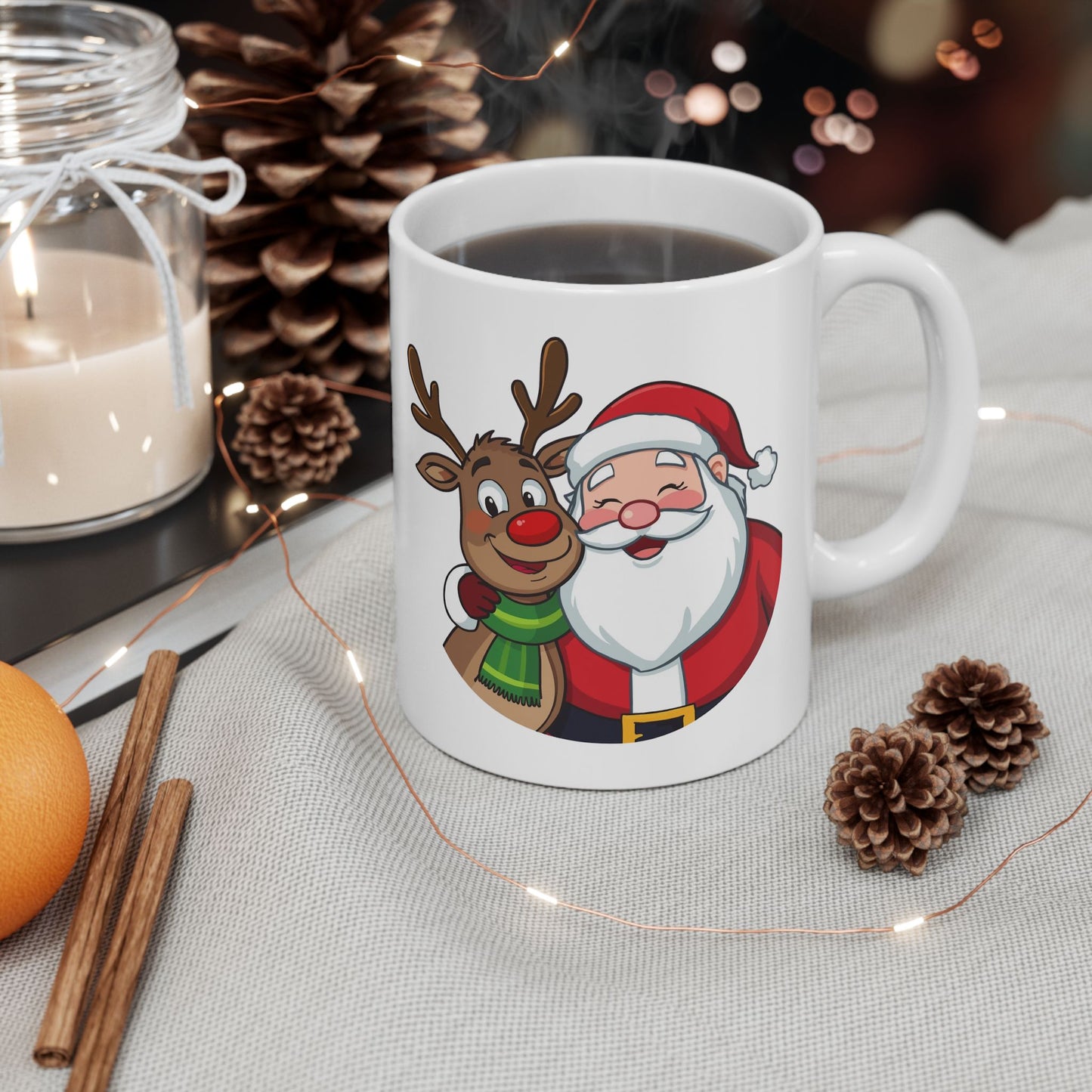 Santa and Rudolph Mug – Cute Holiday Coffee Cup, Festive Santa Ceramic Mug, Christmas Gift Idea (11oz/15oz)