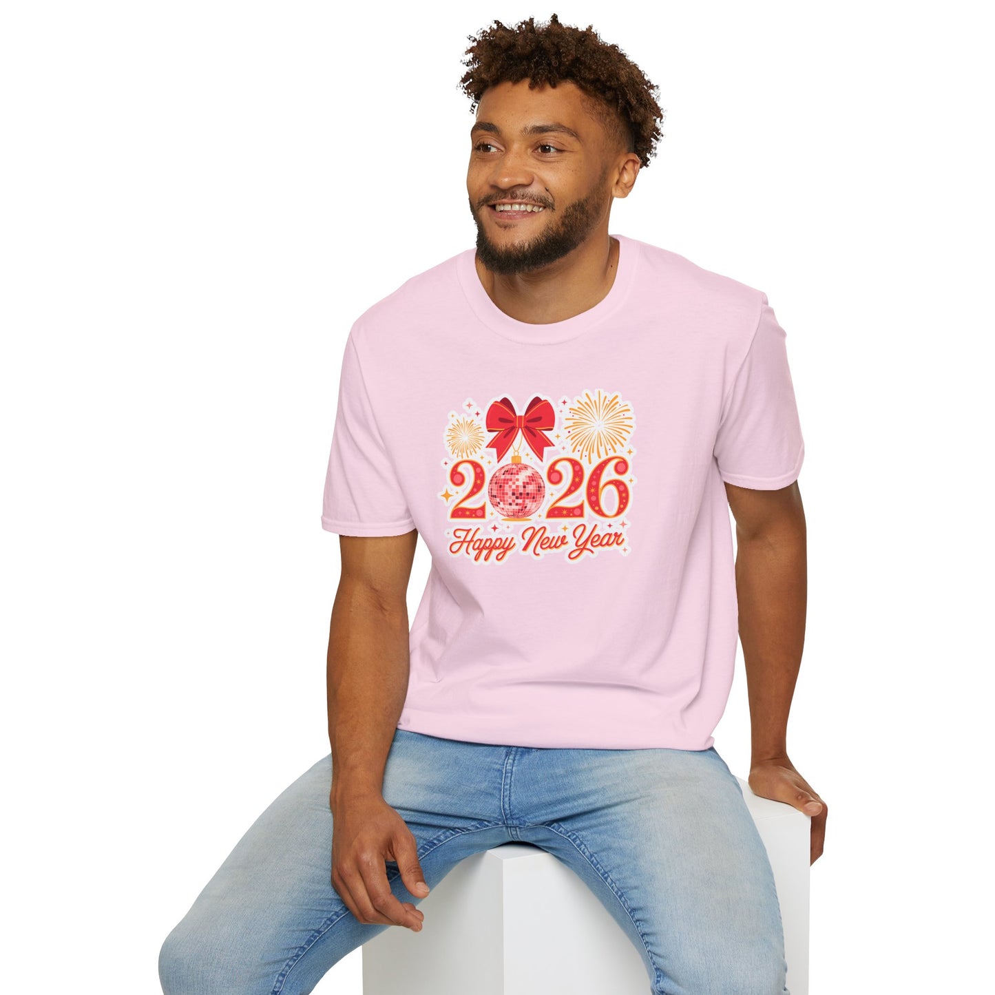 Happy New Year 2026 T-Shirt – Red & Gold Disco Ball New Year Shirt, Festive Bow and Fireworks 2026 NYE Tee, Holiday Celebration Party Top