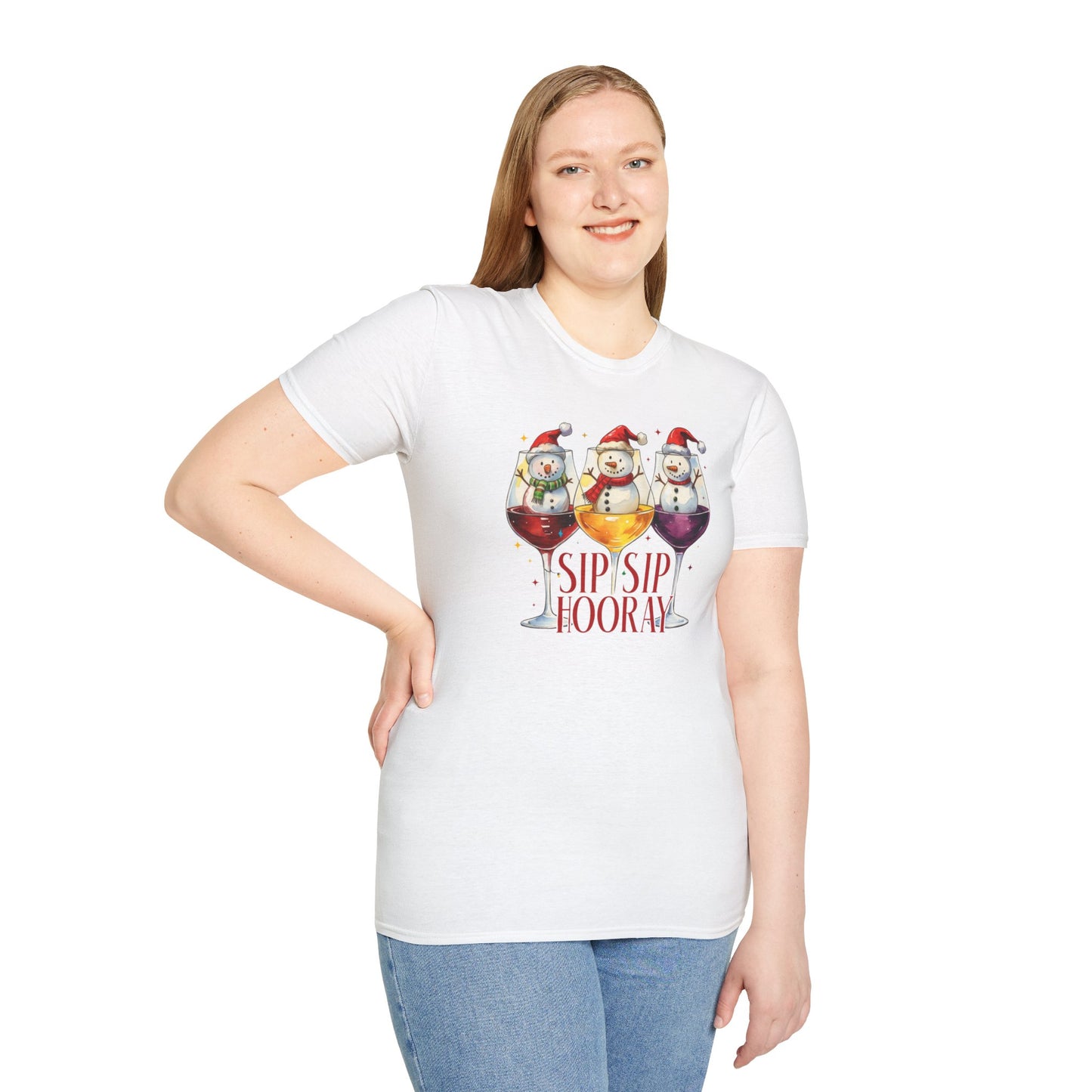 Sip Sip Hooray Christmas T-Shirt – Cute Snowman Wine Glass Holiday Tee, Funny Festive Drinking Shirt