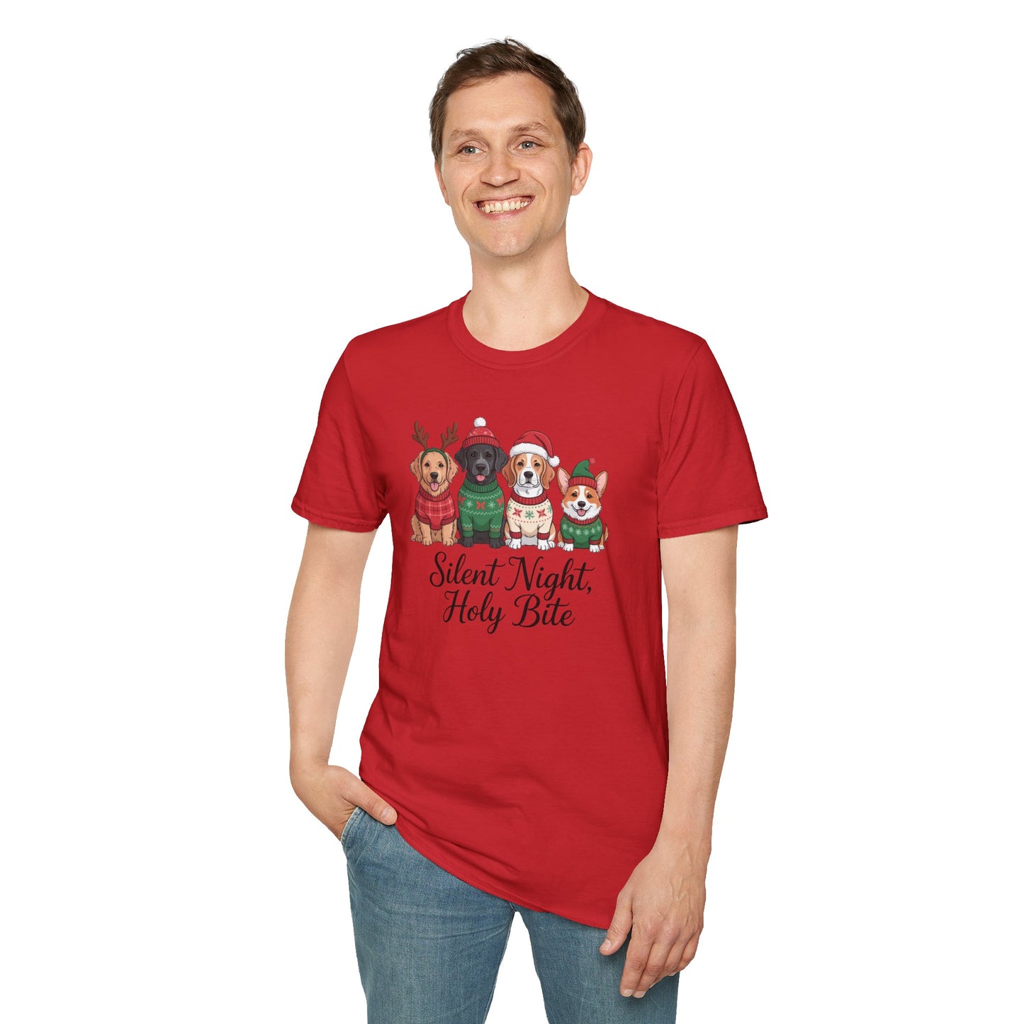 Silent Night Holy Bite Christmas Dog T-Shirt – Cute Holiday Puppy Sweater Tee, Funny Christmas Dog Lover Shirt