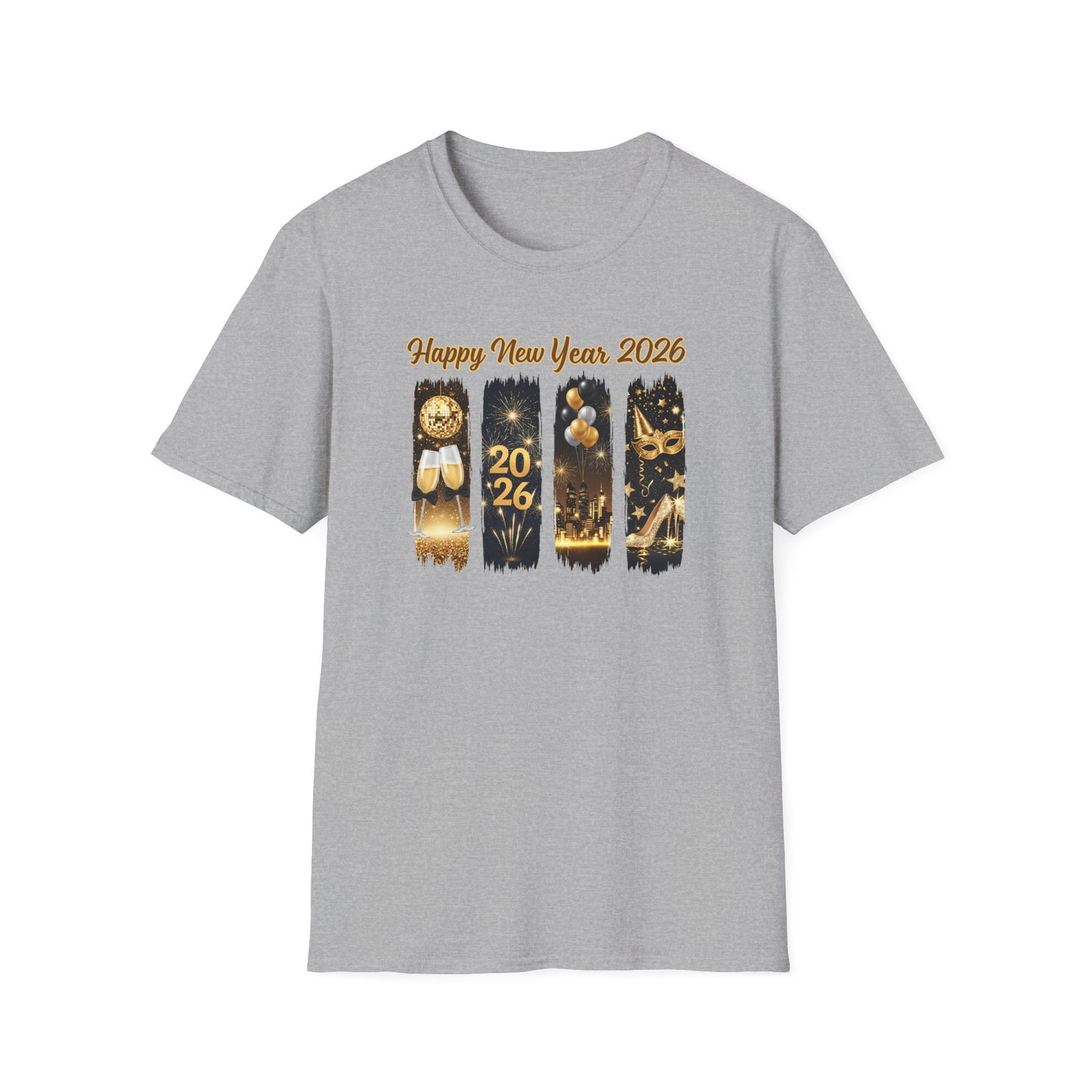 Happy New Year 2026 T-Shirt – Gold Glitter New Year’s Eve Shirt, NYE Party Tee, Celebration Fireworks Graphic Top, Champagne & City Skyline New Year Shirt