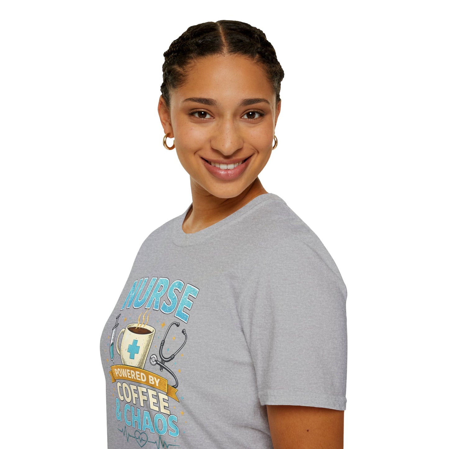 Nurse Powered by Coffee & Chaos Shirt, Funny Nurse Tee, RN CNA Gift, Nurse Life Graphic T-Shirt, Medical Worker Gift, Cute Nursing Shirt for Women Men