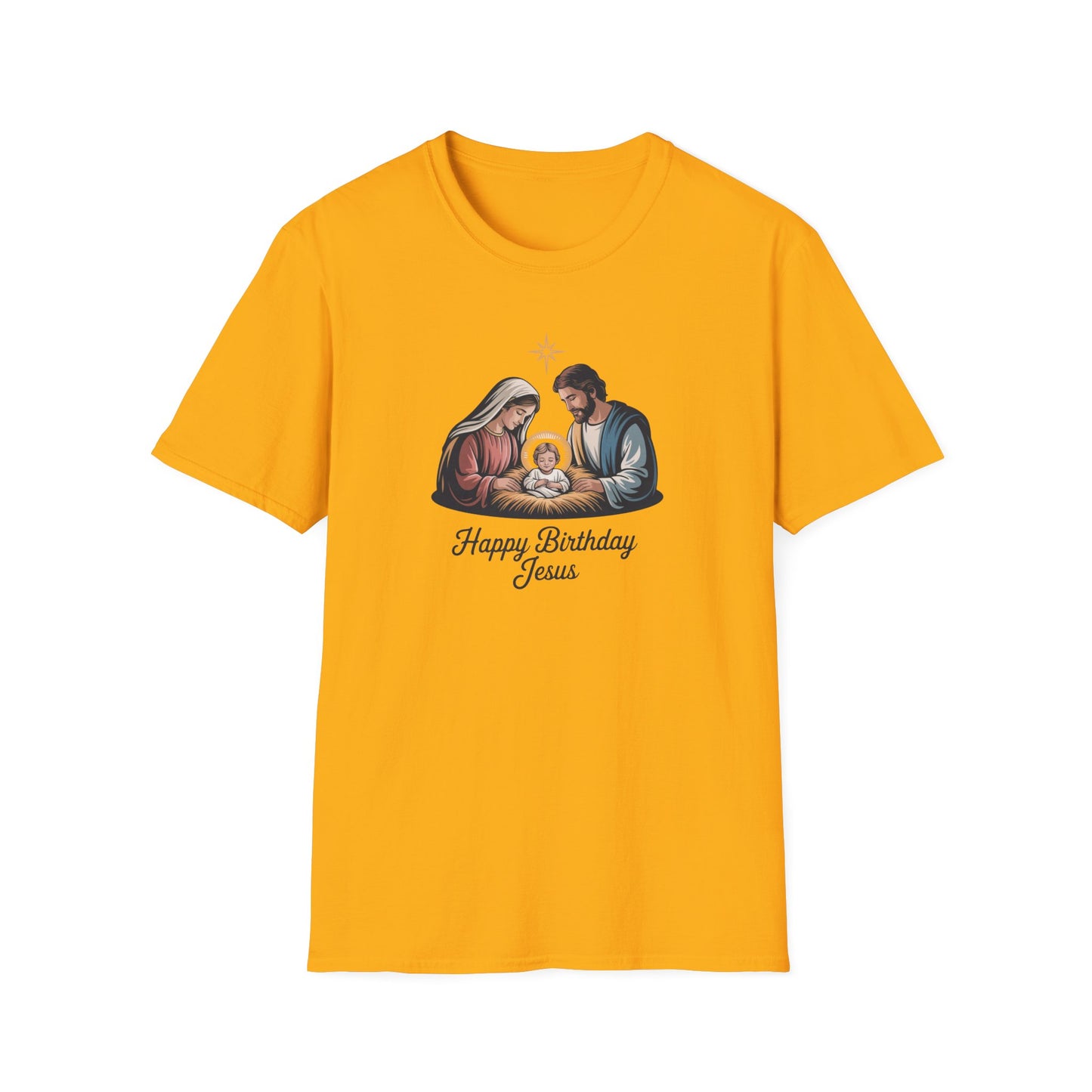 Happy Birthday Jesus Nativity T-Shirt – Christian Christmas Shirt with Mary Joseph & Baby Jesus, Faith Holiday Tee