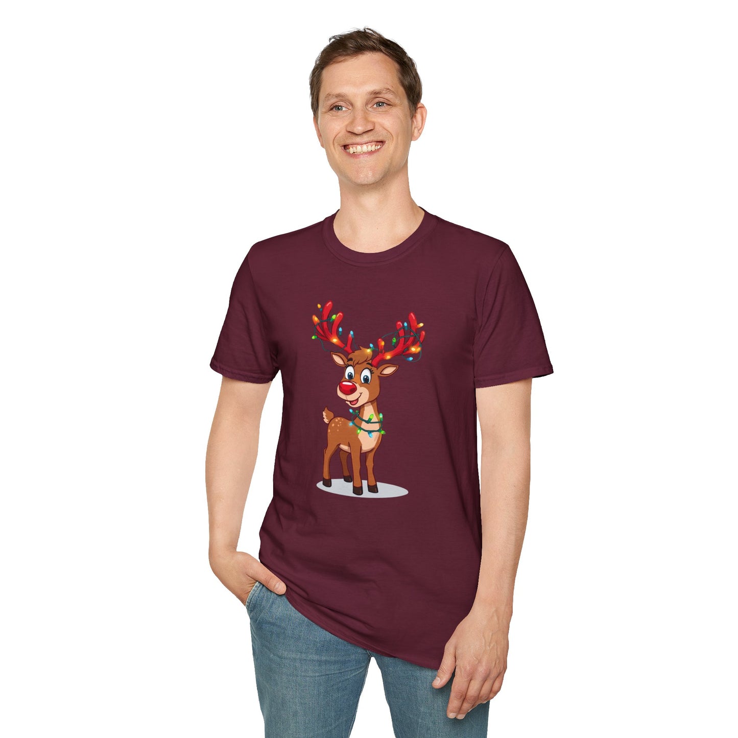 Smiling Reindeer with Christmas Lights Shirt, Family Christmas Shirts, Christmas T Shirt, Holiday Shirt, Cute Xmas Shirt for the family, Holiday Gift