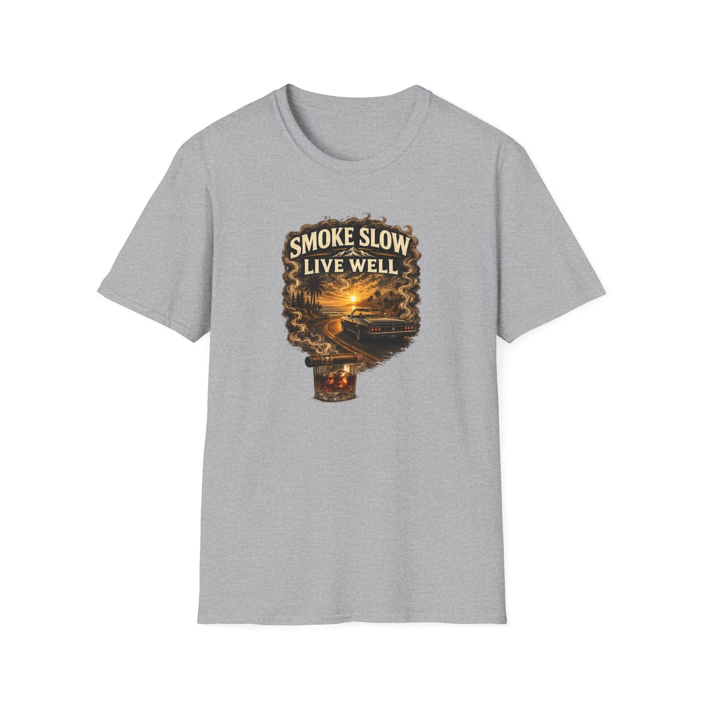 Smoke Slow Live Well Classic Car T-Shirt – Cigar, Whiskey & Sunset Cruise Tee  ⭐ Product Description