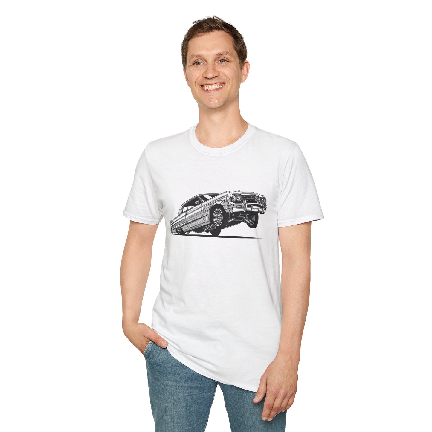 1964 Chevy Impala Hydraulics Lowrider Ink Drawing T-Shirt - Old School Hip Hop Cholo Art Tee Design - Chicano Car Club Graphic Tee