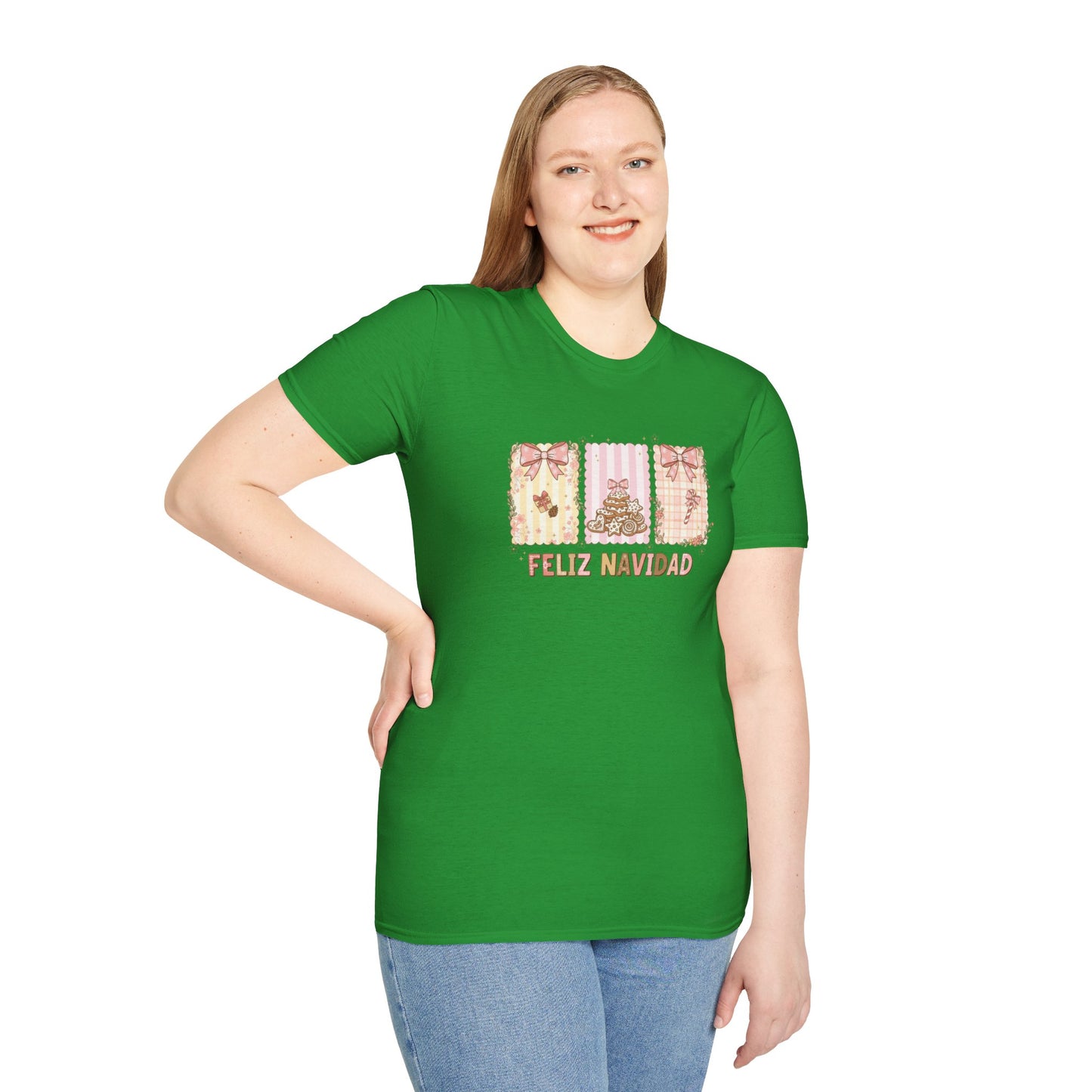 Feliz Navidad Christmas T-Shirt – Cute Pastel Holiday Tee with Bows & Gingerbread Design, Festive Spanish Christmas Shirt