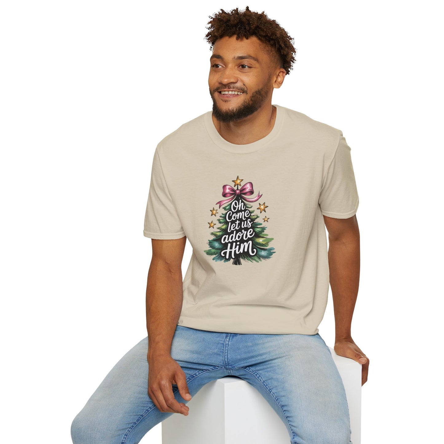 Oh Come Let Us Adore Him Christmas T-Shirt – Christian Holiday Tee with Bow and Christmas Tree Design