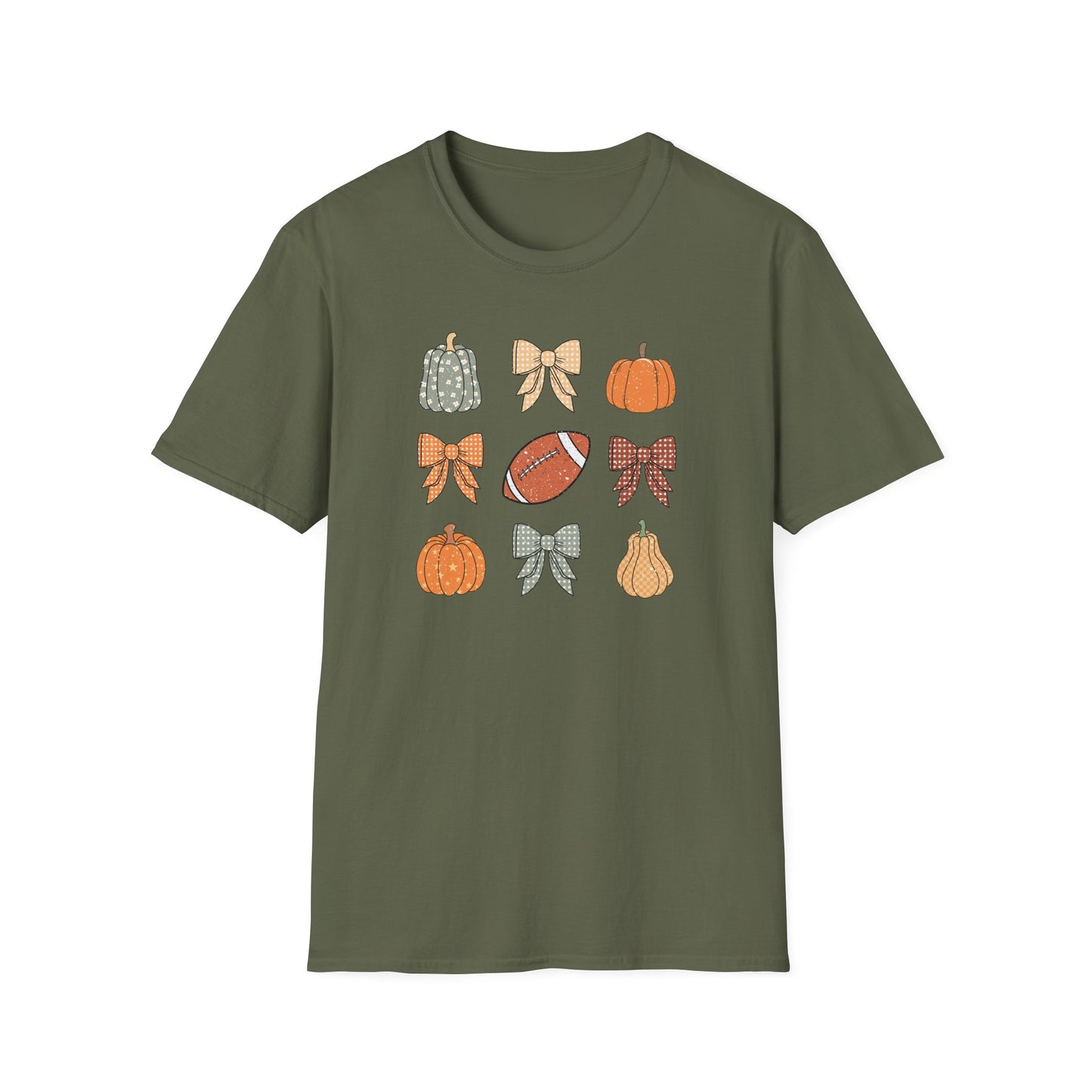 Fall Pumpkins Bow Football Unisex T-Shirt, Autumn Tee, Pumpkin Patch Shirt, Thanksgiving Top, Harvest Festival Apparel, Gif for her
