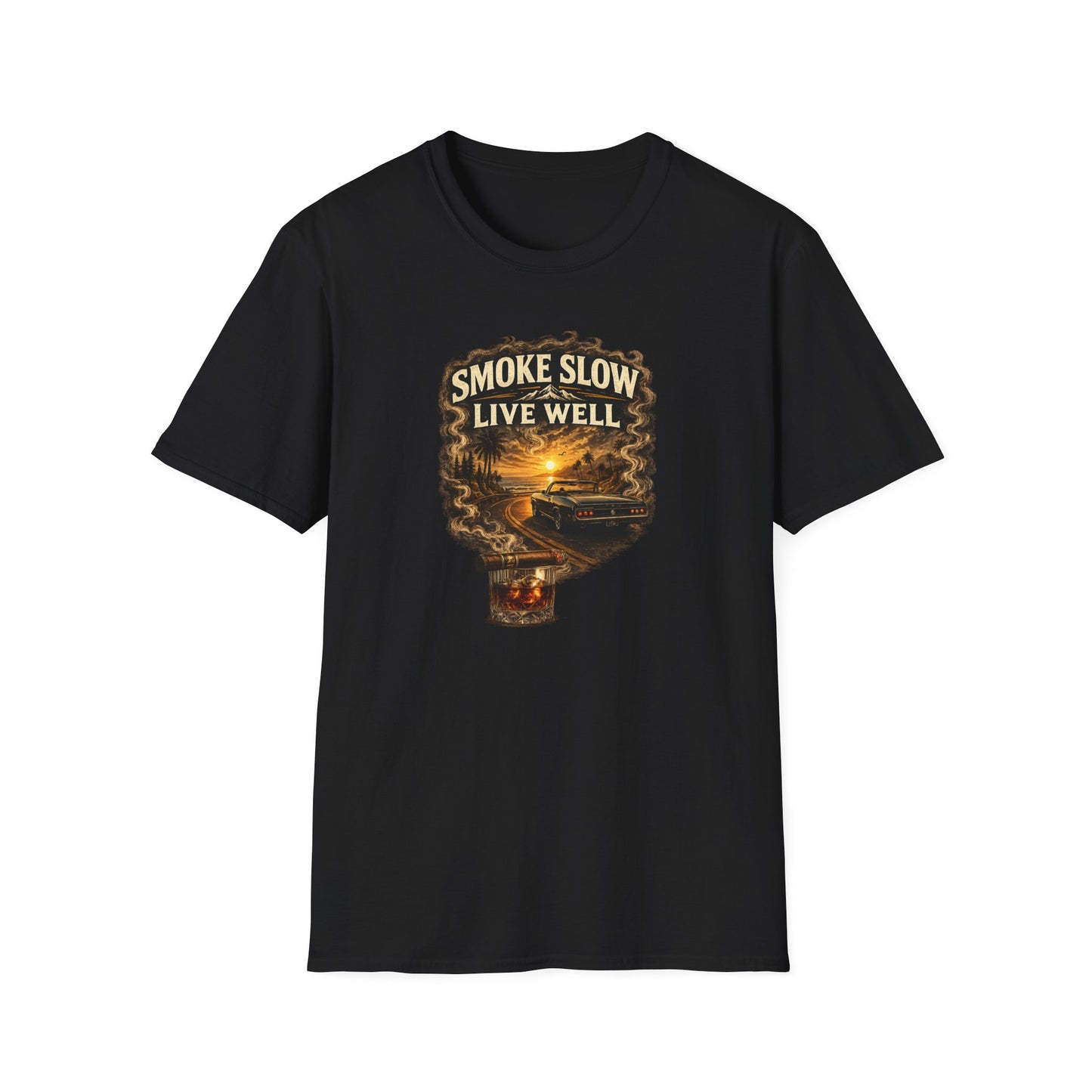 Smoke Slow Live Well Classic Car T-Shirt – Cigar, Whiskey & Sunset Cruise Tee  ⭐ Product Description