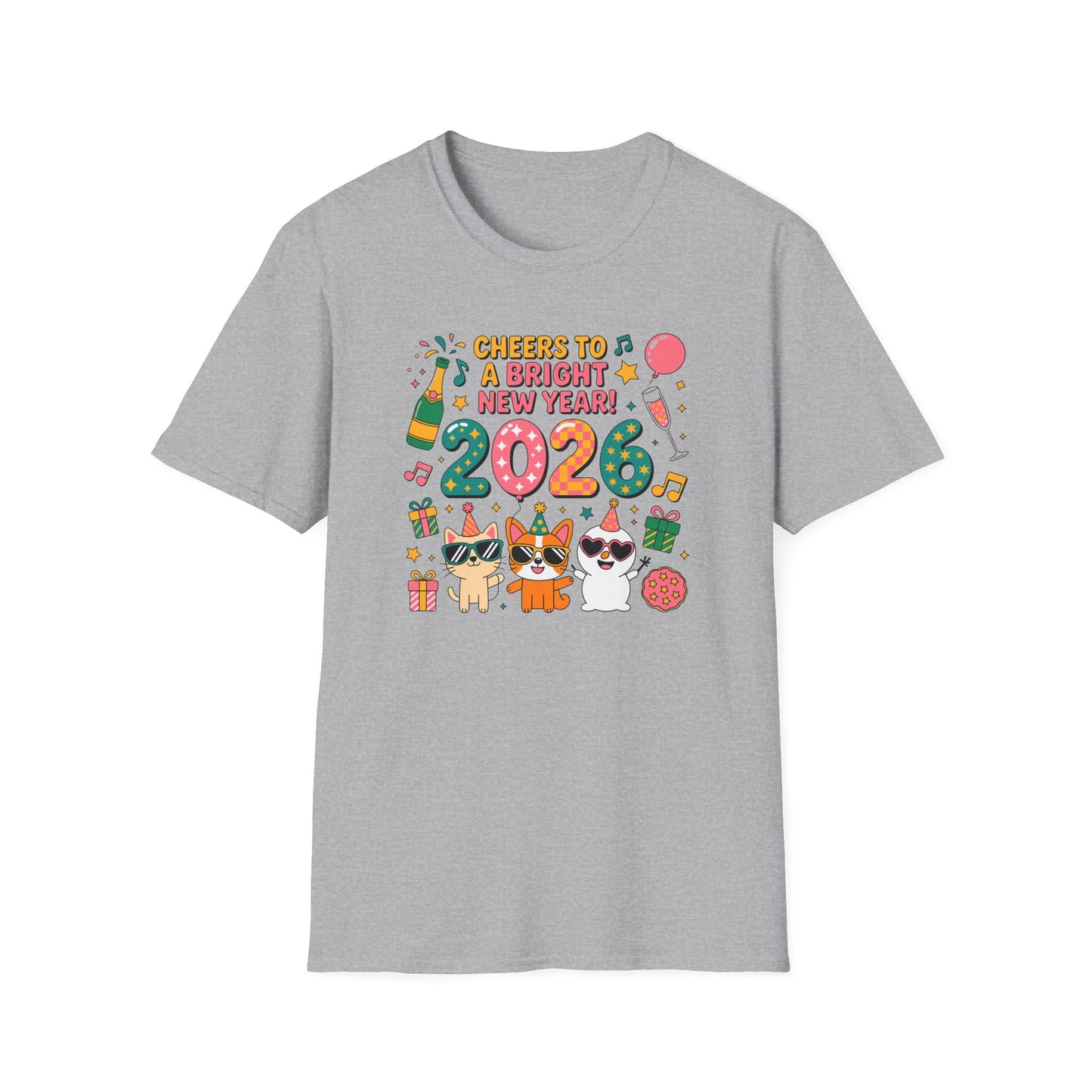 Happy New Year 2026 T-Shirt – Cute Cartoon Cats New Year Shirt, Bright Colorful NYE Party Tee, Fun 2026 Celebration Top for Cat Lovers