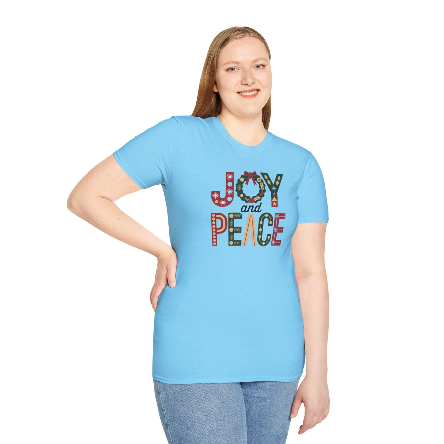 Joy and Peace Christmas T-Shirt – Festive Holiday Typography Tee with Wreath Design, Inspirational Christmas Shirt