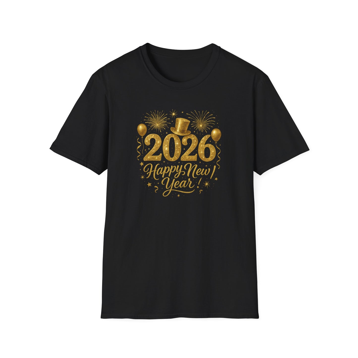 Happy New Year 2026 Gold Glitter T-Shirt – Sparkly New Year’s Eve Party Shirt, Festive 2026 NYE Tee with Fireworks & Balloons, Holiday Celebration Top
