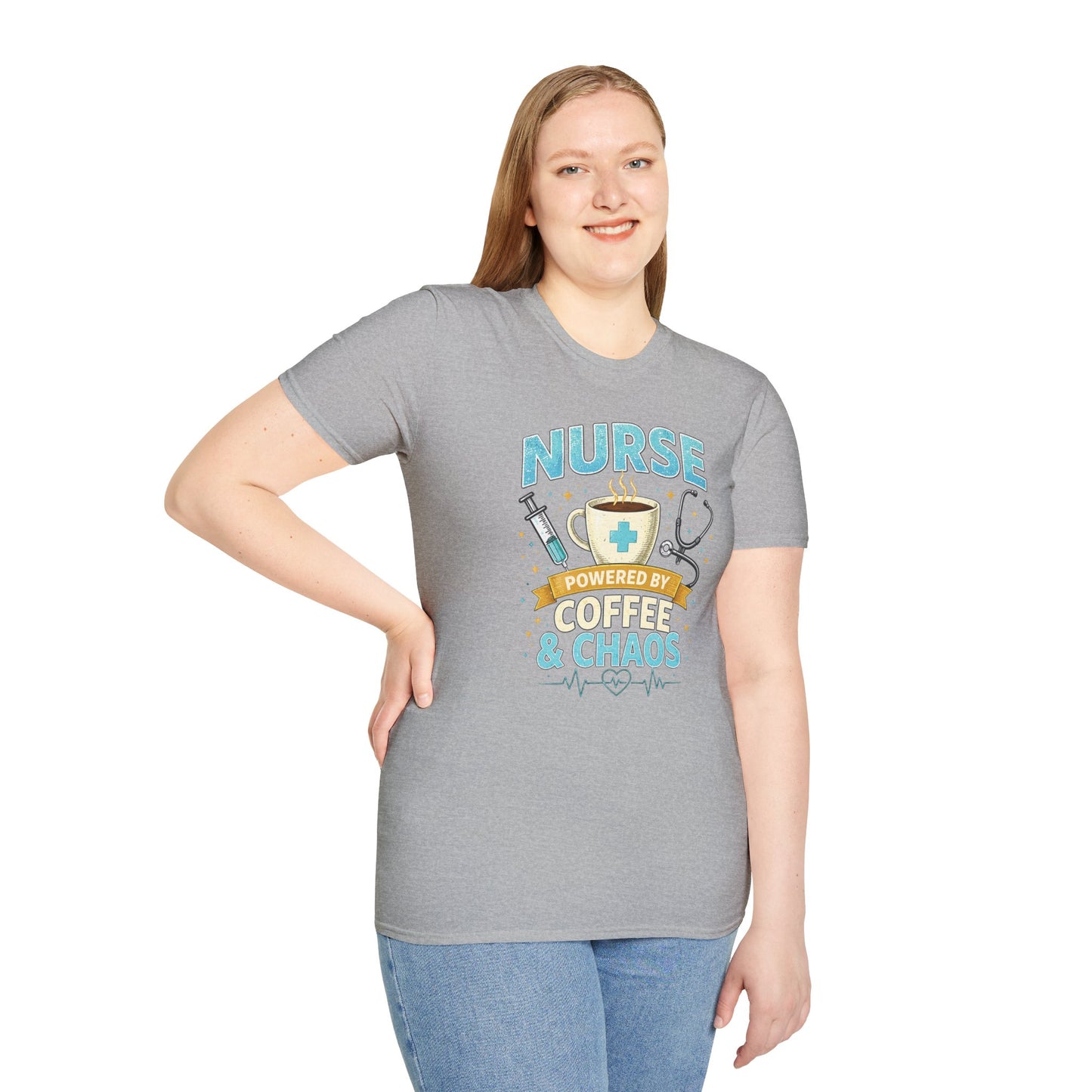 Nurse Powered by Coffee & Chaos Shirt, Funny Nurse Tee, RN CNA Gift, Nurse Life Graphic T-Shirt, Medical Worker Gift, Cute Nursing Shirt for Women Men