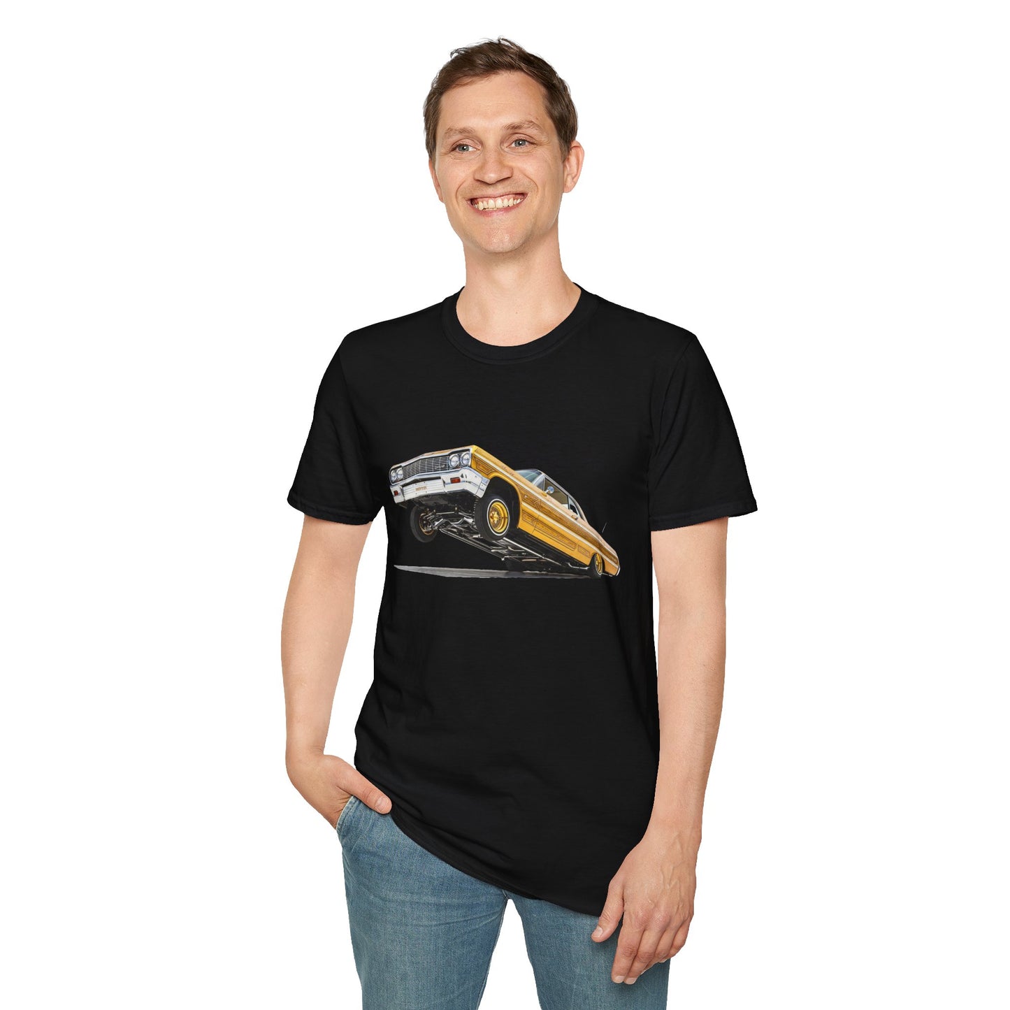 1964 Chevy Impala Hydraulics Lowrider Hoppin' Ink Drawing T-Shirt - Old School Hip Hop Cholo Art Tee Design - Chicano Car Club Graphic Tee