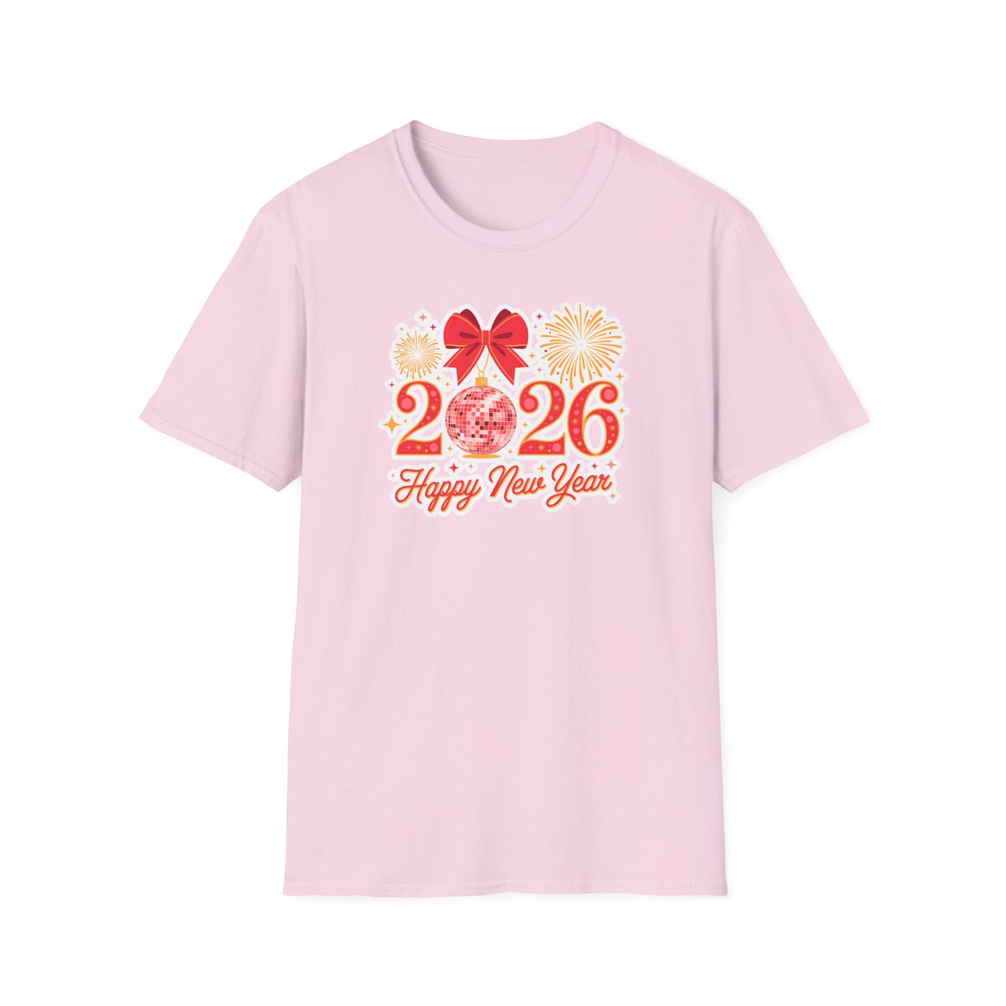 Happy New Year 2026 T-Shirt – Red & Gold Disco Ball New Year Shirt, Festive Bow and Fireworks 2026 NYE Tee, Holiday Celebration Party Top