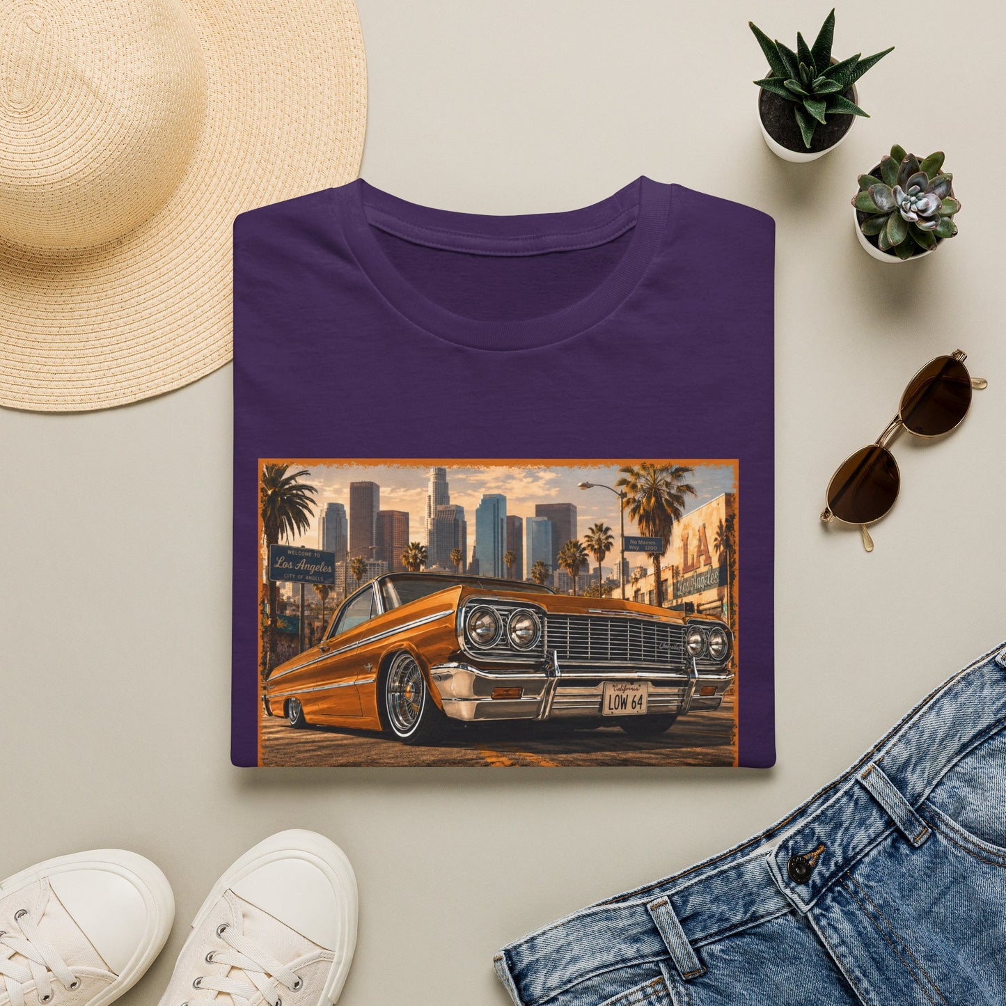 Los Angeles Lowrider T-Shirt, Orange Classic Car Graphic Tee, 1964 Style Car Shirt for Car Lovers